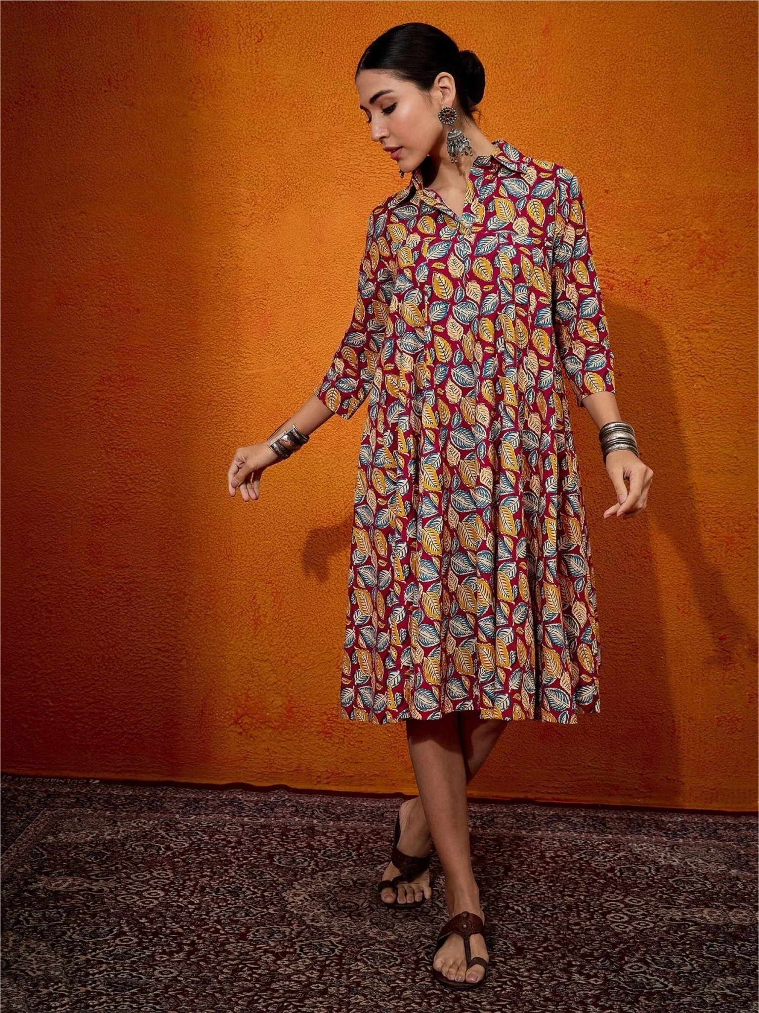 Leaf Pinted Flared Shirt Dress - Image 6