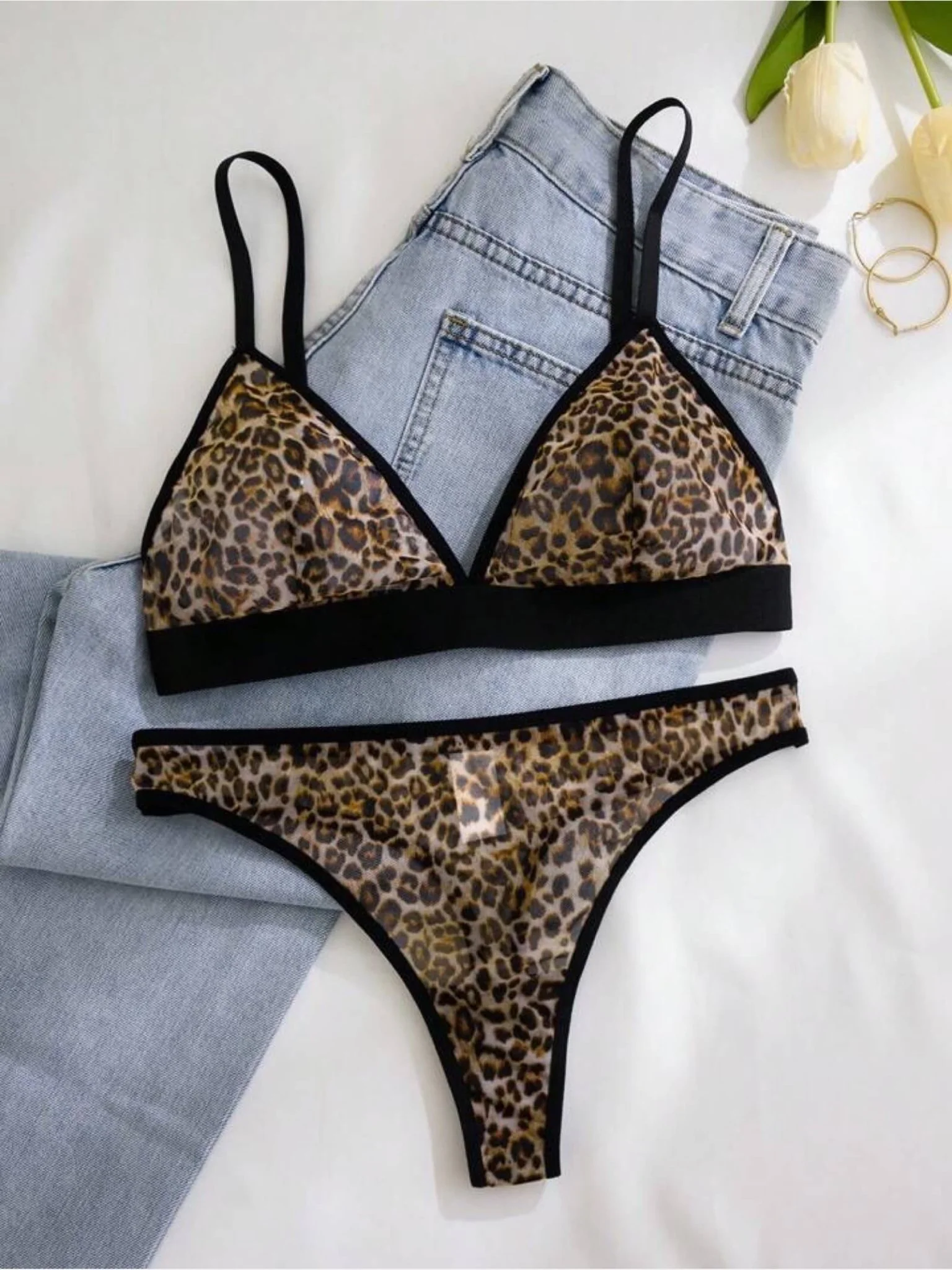 Leopard Print Sheer Mesh Bralette & Thong Lingerie Set - Image 2