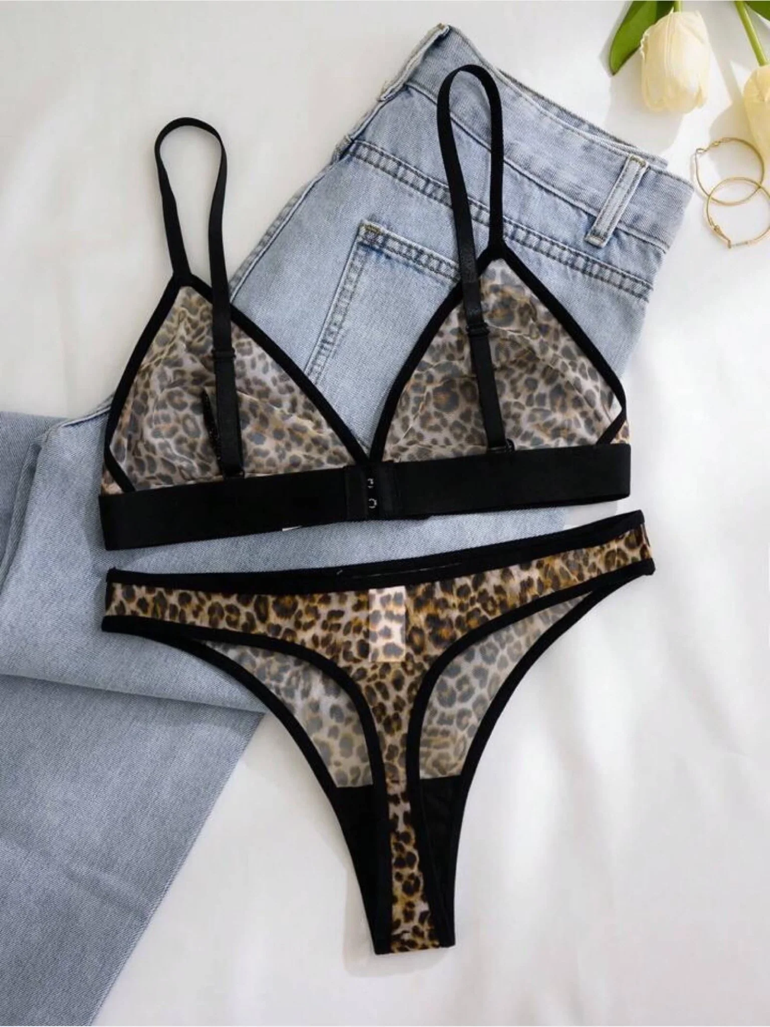 Leopard Print Sheer Mesh Bralette & Thong Lingerie Set - Image 3