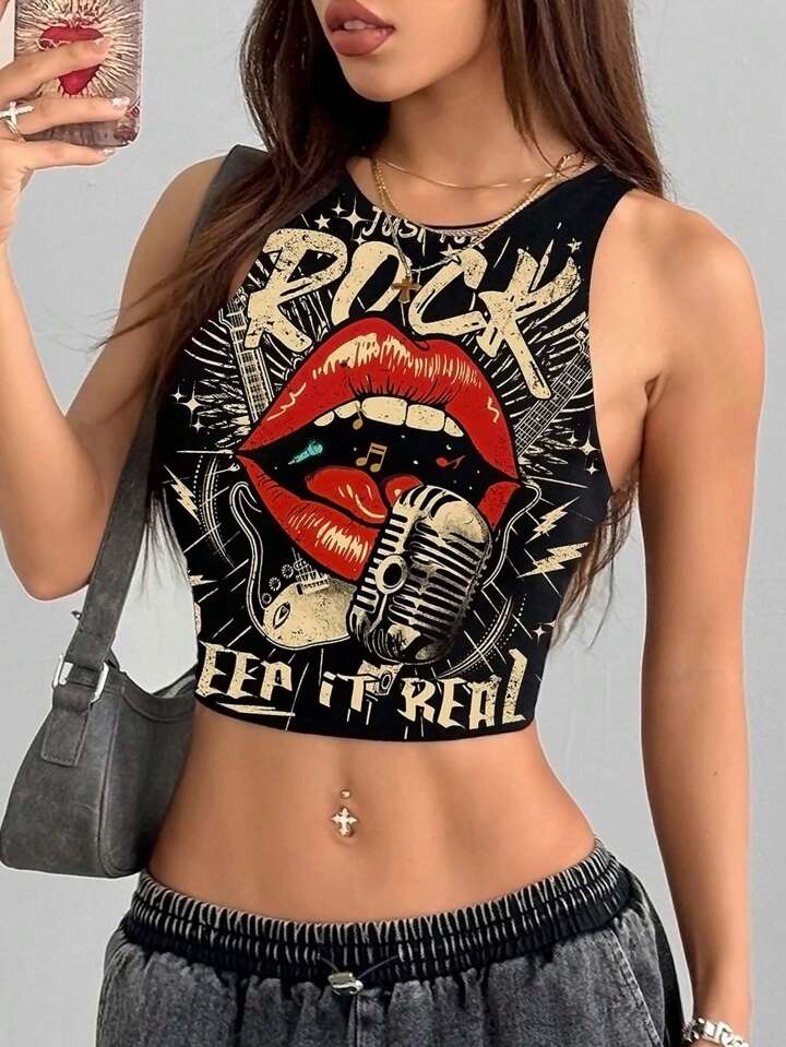 Letter Lip Rock and Roll Print Sleeveless Crop Top
