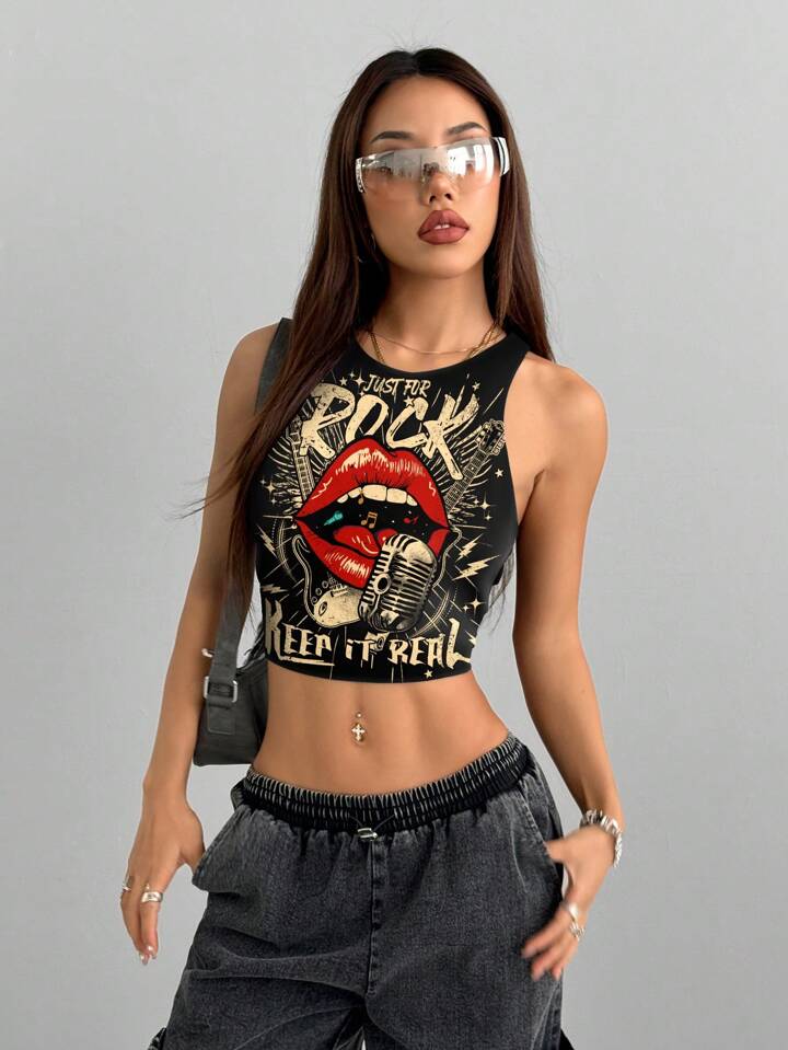 Letter Lip Rock and Roll Print Sleeveless Crop Top - Image 3