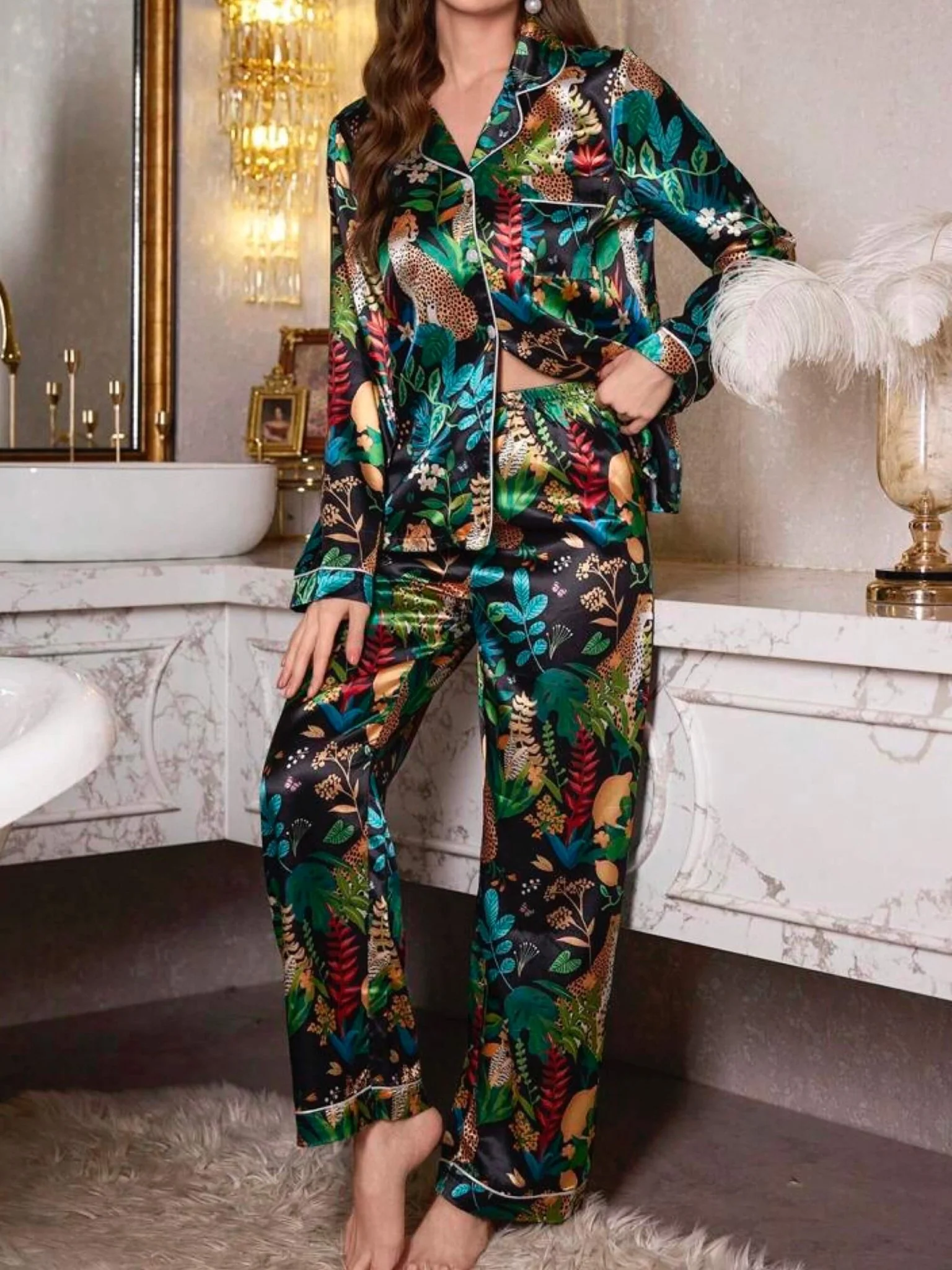 Luxurious Nighty Set Tropical Plant Printed