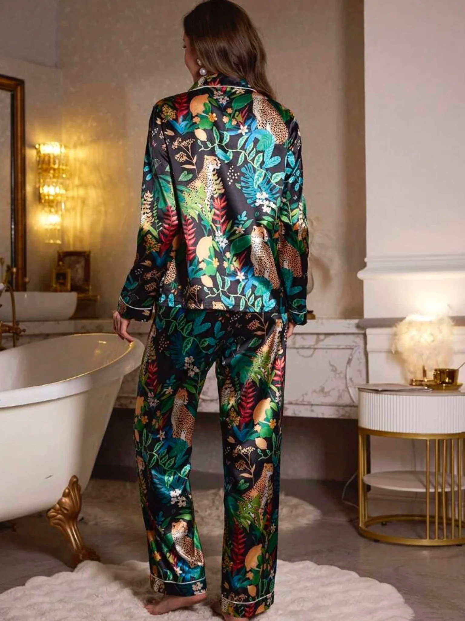 Luxurious Nighty Set Tropical Plant Printed - Image 2