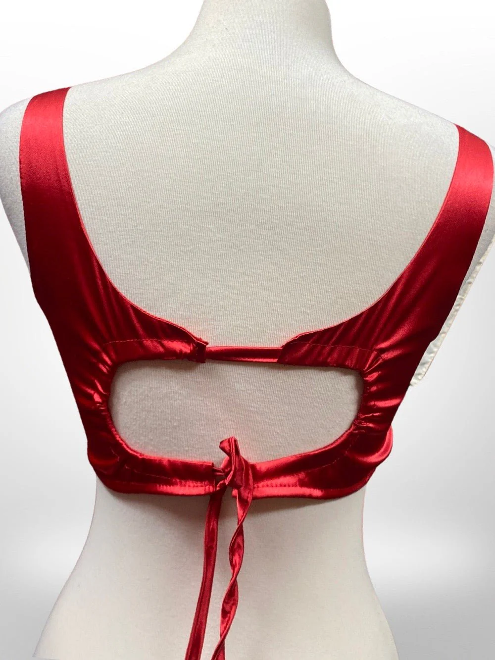 Made To Order Red & Black Satin Saree Lehenga Padded Blouse Deep Sweetheart Neck Sleeveless - Image 5