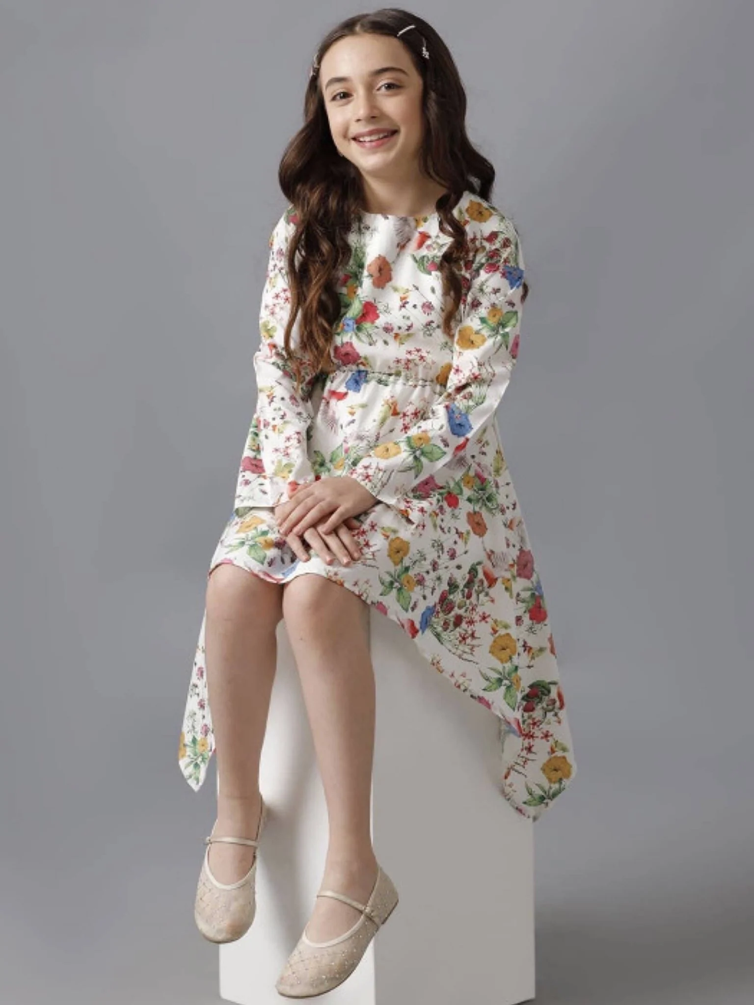 Meadow Bloom Long Sleeve High-Low Dress - Vibrant Floral White Party Wear - Image 3