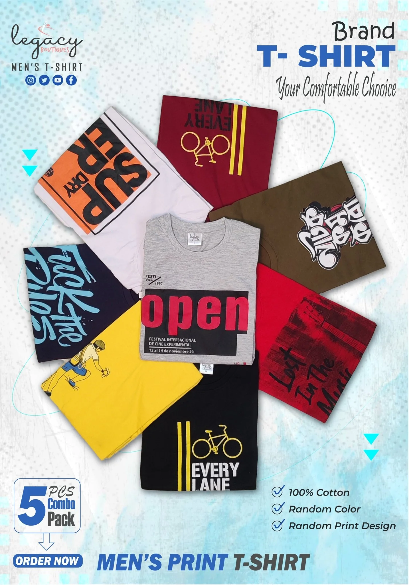 Men’s Printed T-Shirt 5 Piece Combo Tees Perfect for Everyday Comfort – Stock Clearout