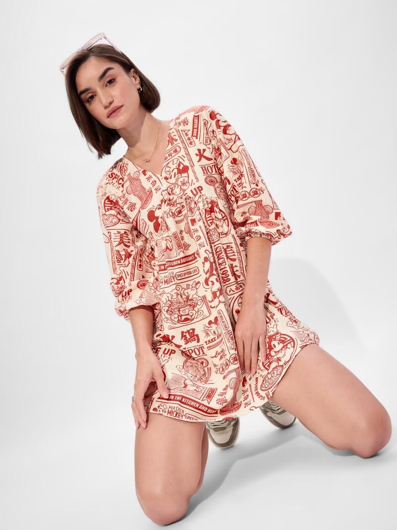 Mickey Mouse "Spice Up Your Life" Hotpot Print V-Neck Empire Mini Dress