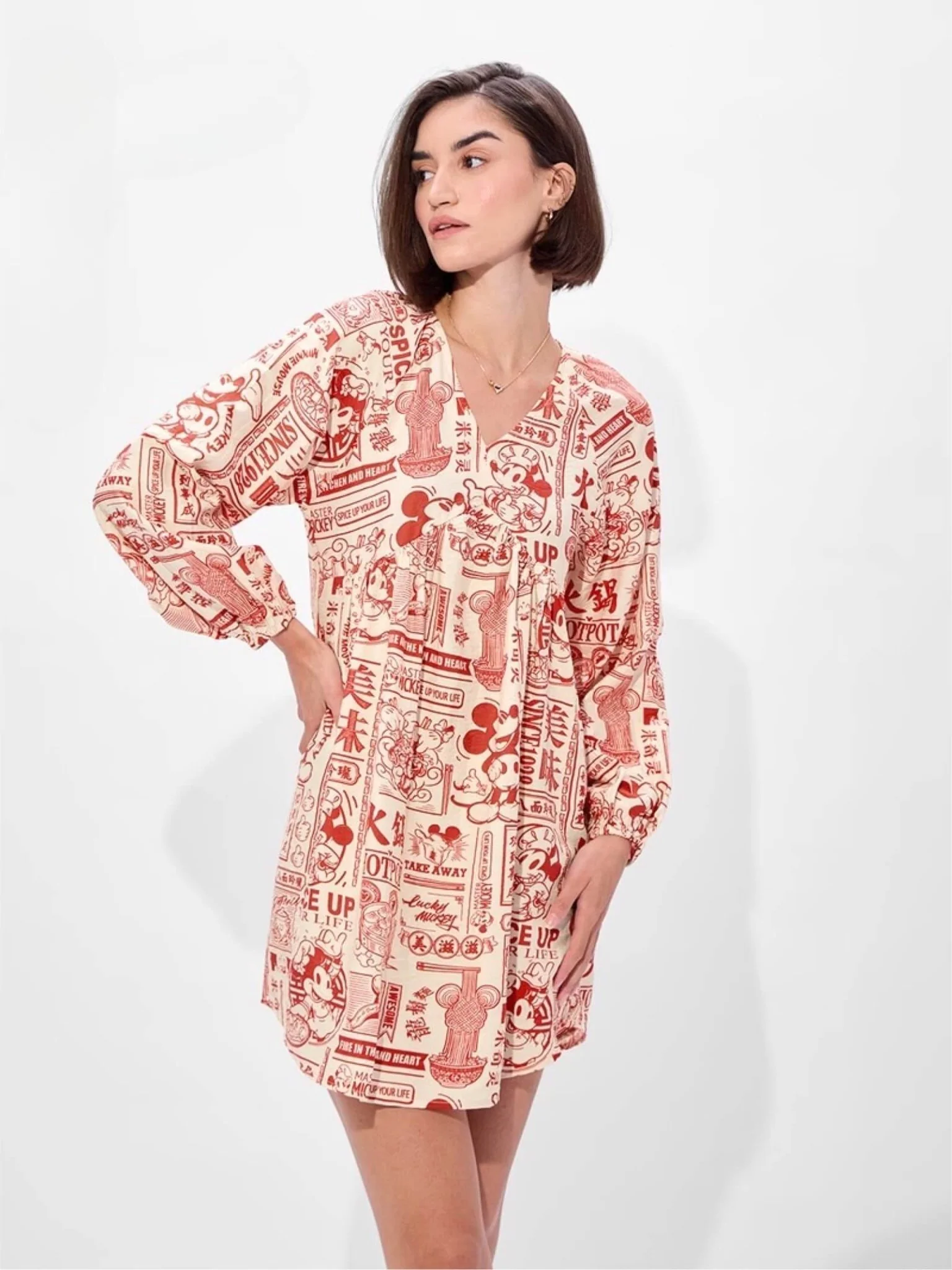 Mickey Mouse "Spice Up Your Life" Hotpot Print V-Neck Empire Mini Dress - Image 2