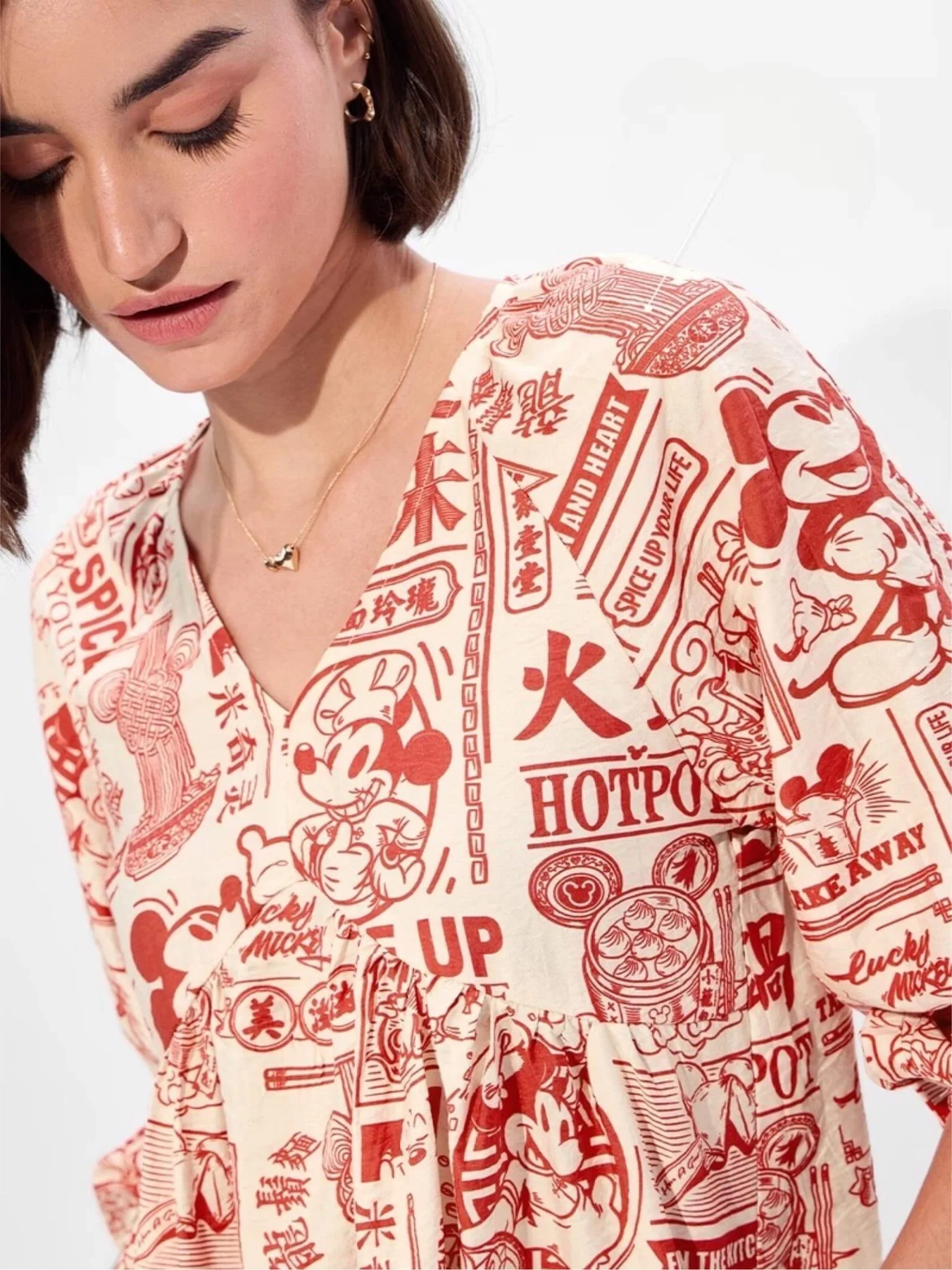 Mickey Mouse "Spice Up Your Life" Hotpot Print V-Neck Empire Mini Dress - Image 3