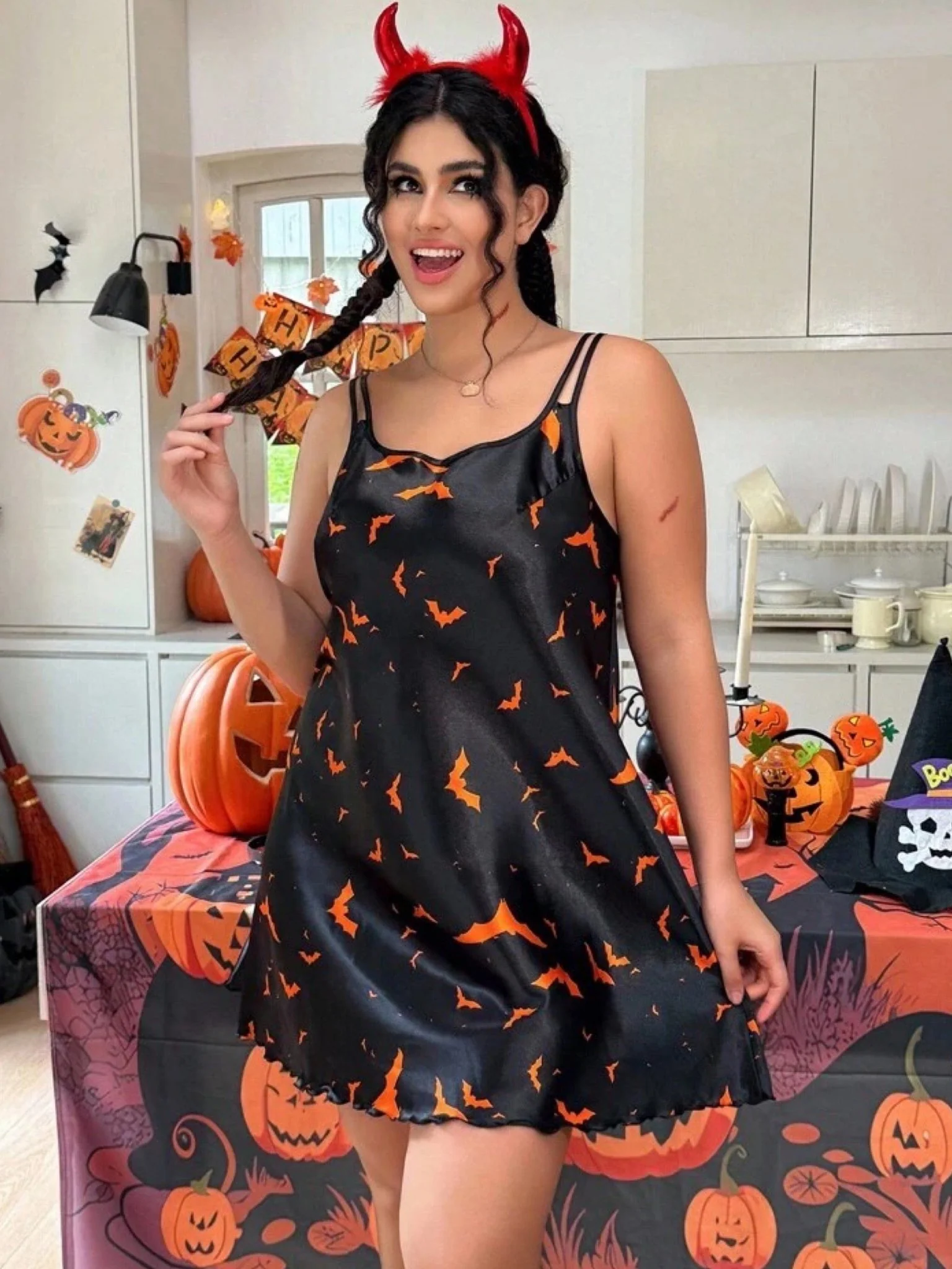 Midnight Bat Print Satin Cami Slip Dress - Spooky Halloween Nightwear 🦇