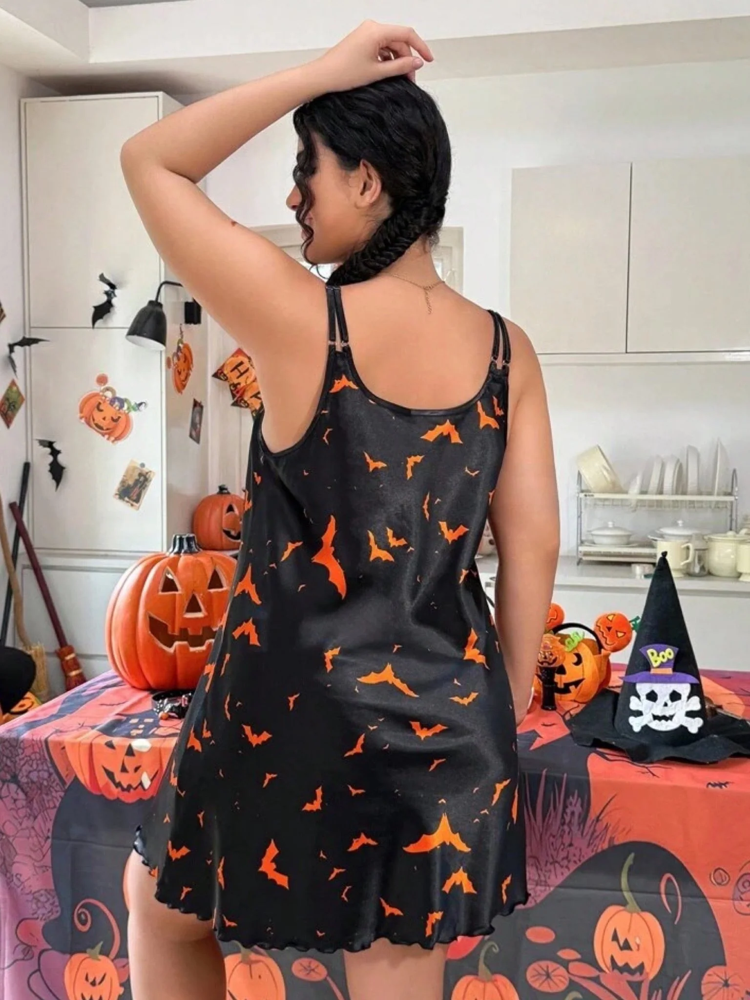 Midnight Bat Print Satin Cami Slip Dress - Spooky Halloween Nightwear 🦇 - Image 2