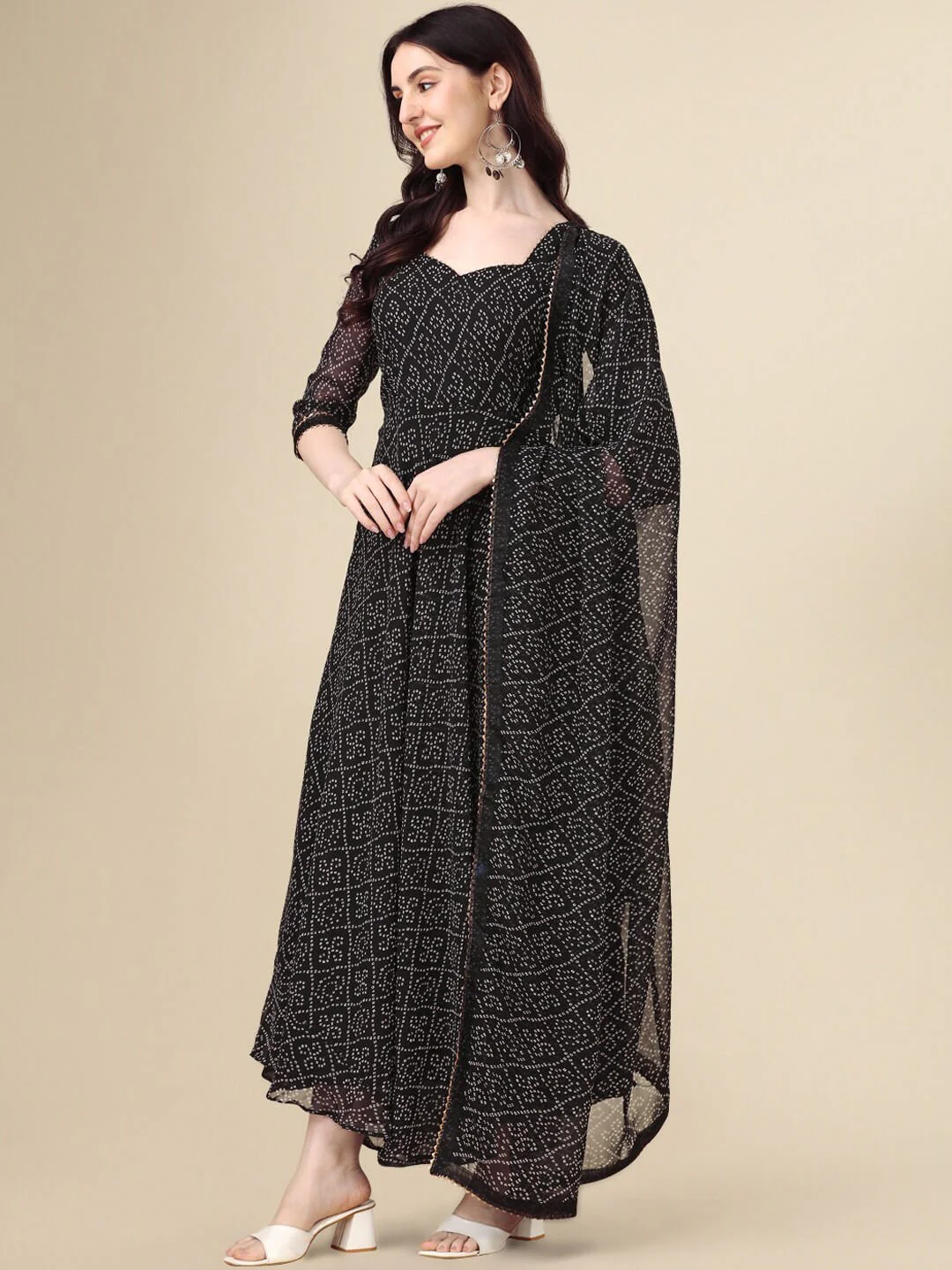 Midnight Black Bandhani Print Anarkali Suit with Gota Lace Dupatta - Image 3