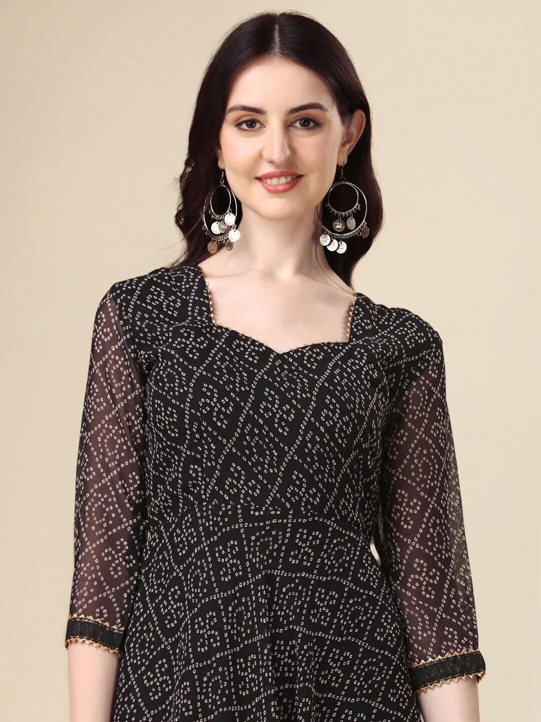 Midnight Black Bandhani Print Anarkali Suit with Gota Lace Dupatta - Image 4