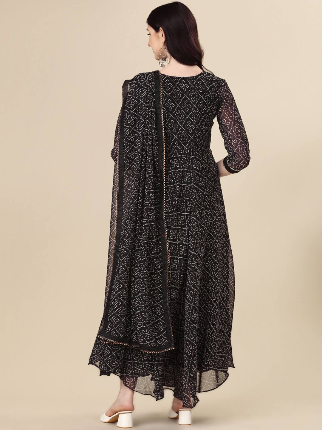 Midnight Black Bandhani Print Anarkali Suit with Gota Lace Dupatta - Image 5