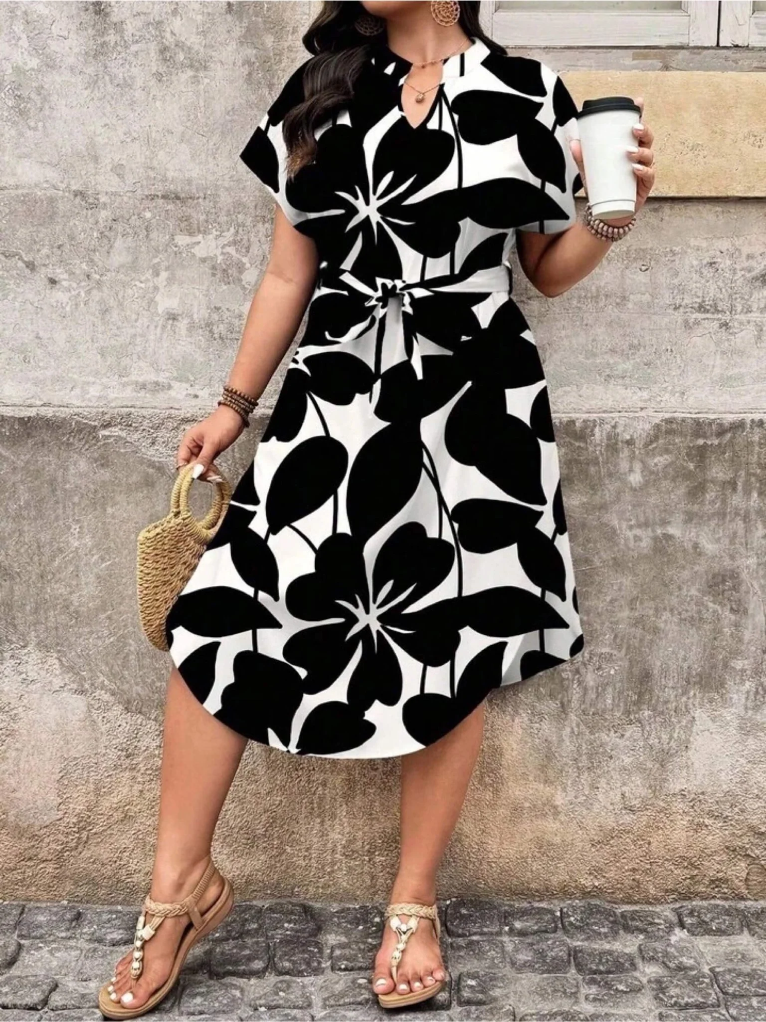 Midnight Bloom Monochrome Floral Belted Midi Dress - Short Sleeve V-Neck