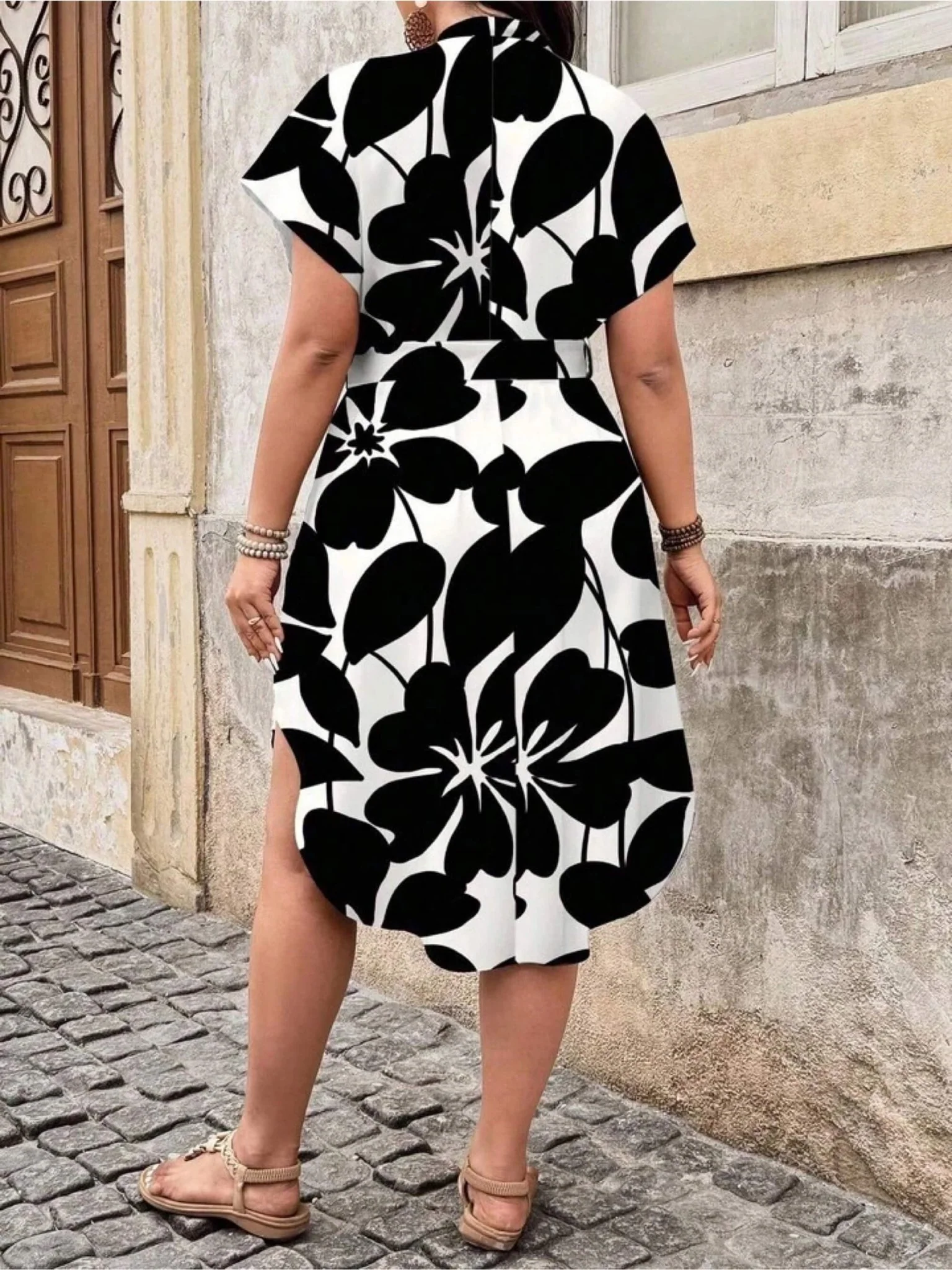 Midnight Bloom Monochrome Floral Belted Midi Dress - Short Sleeve V-Neck - Image 2