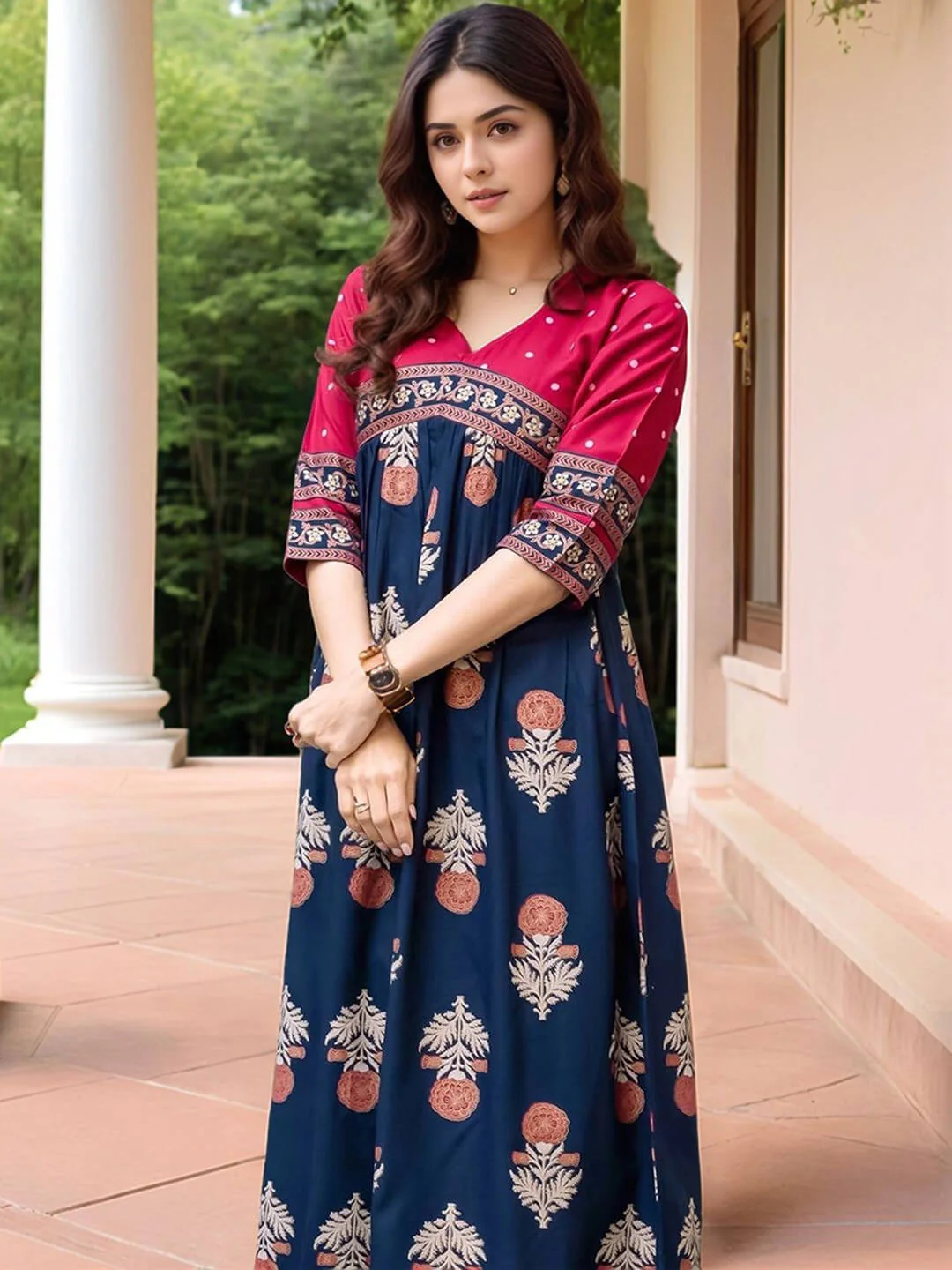 Midnight Magenta Floral Printed Indo-Western Gown with Border - Image 3
