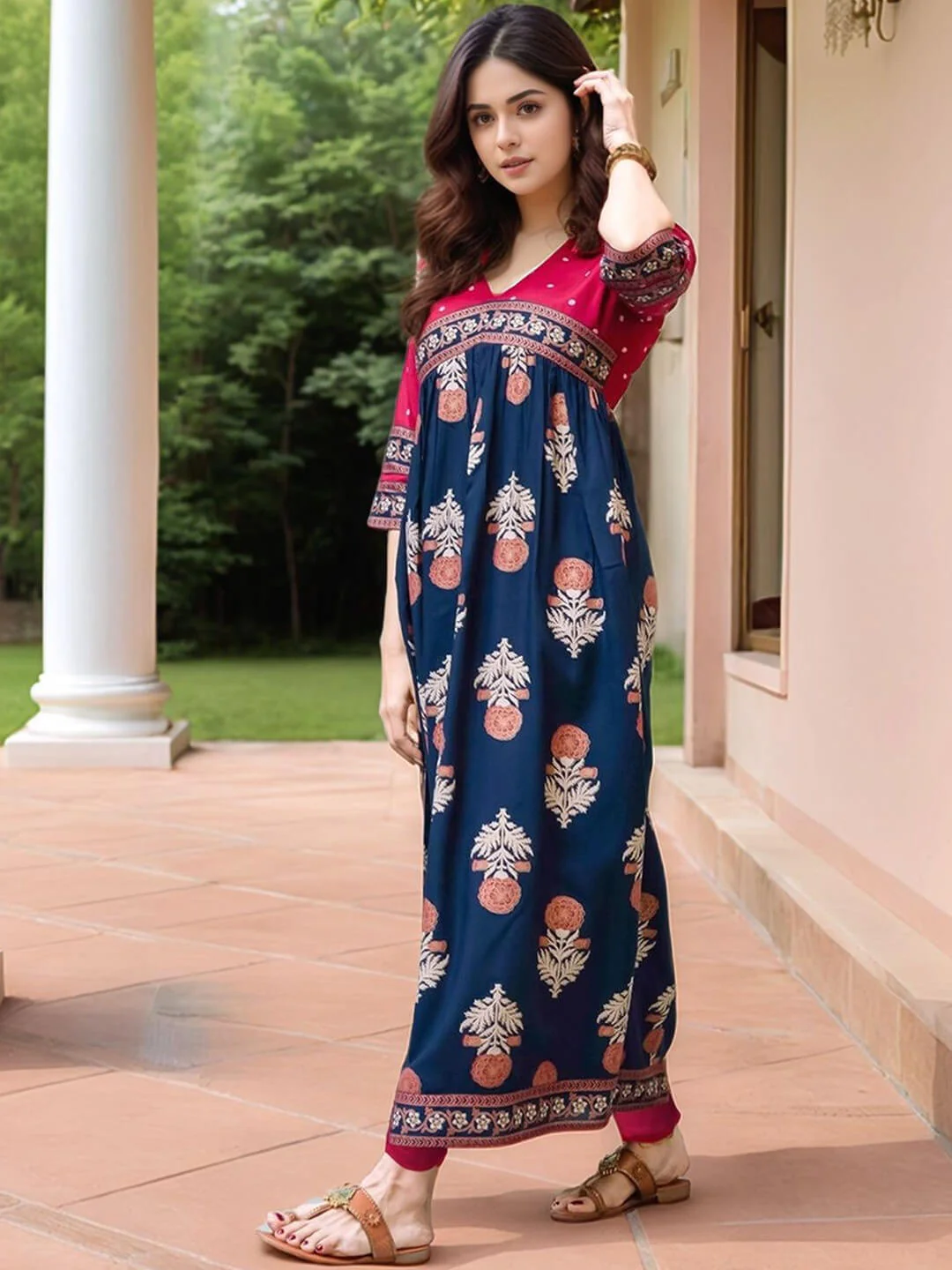 Midnight Magenta Floral Printed Indo-Western Gown with Border - Image 4
