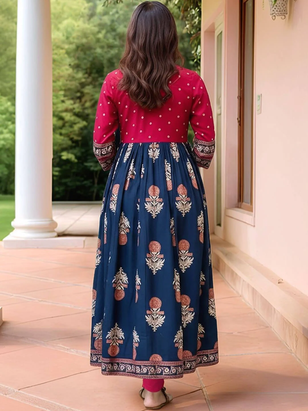 Midnight Magenta Floral Printed Indo-Western Gown with Border - Image 5