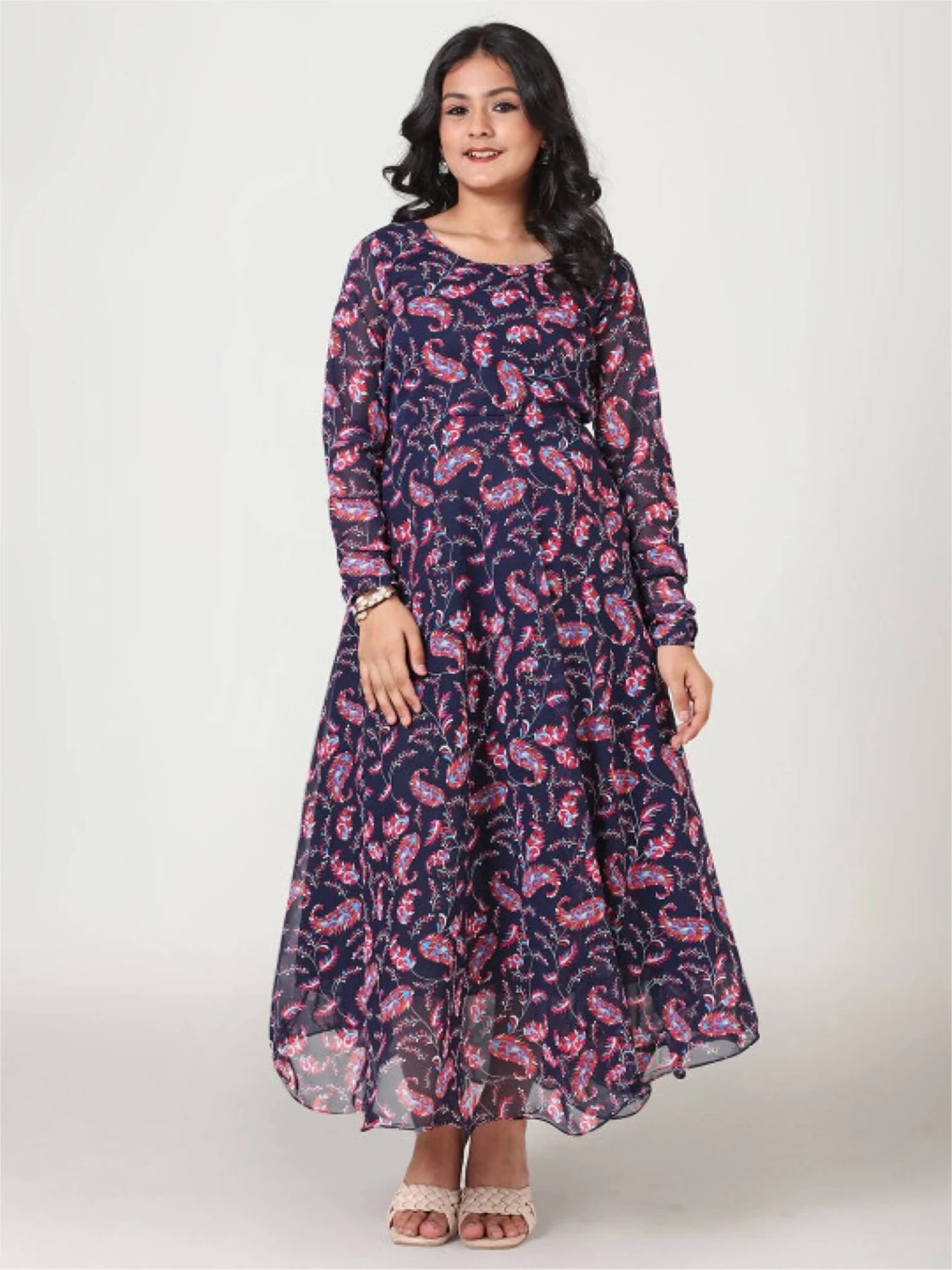 Midnight Navy Paisley Print Georgette Maxi Dress - Long Sleeve A-Line Gown