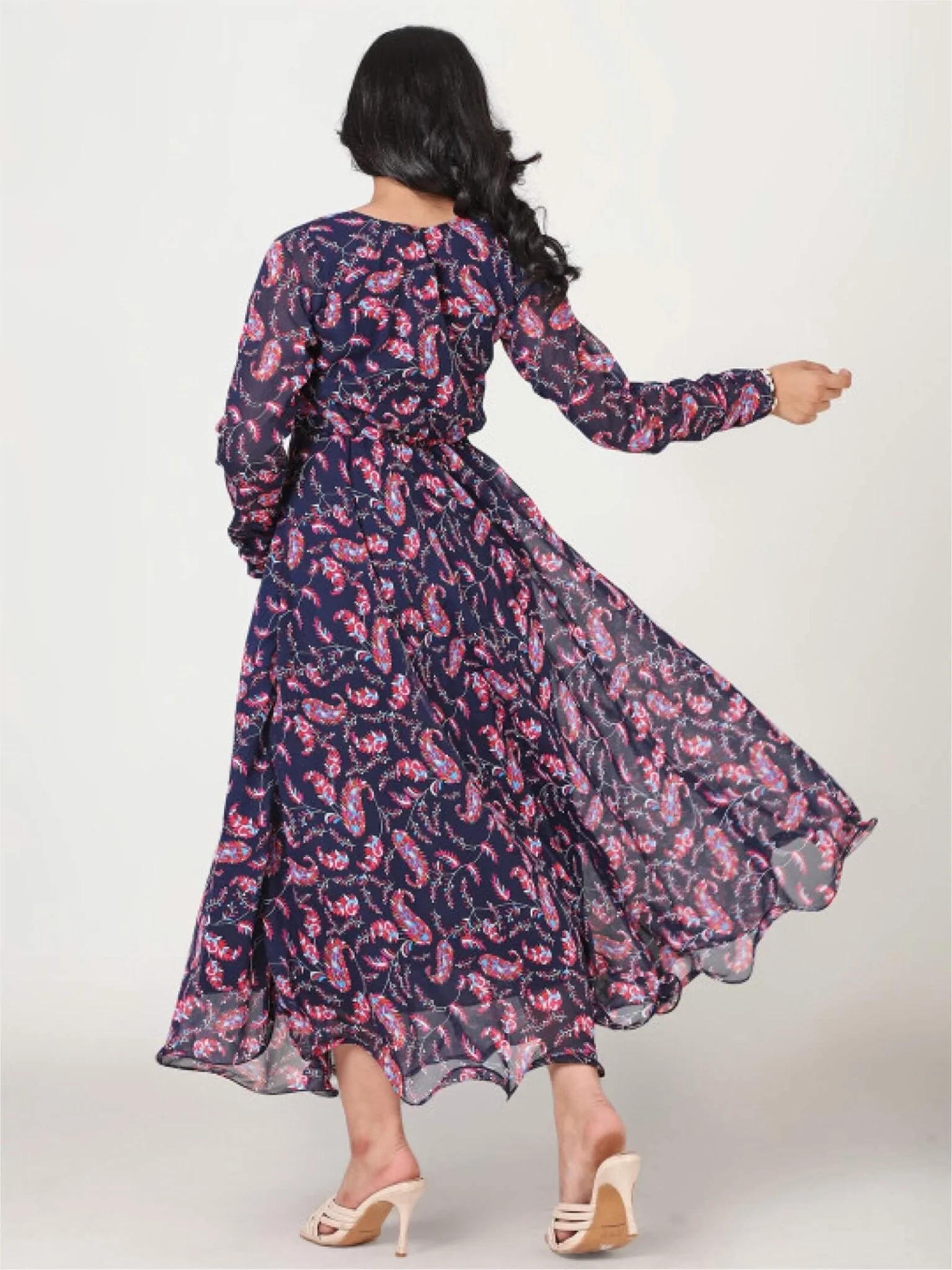 Midnight Navy Paisley Print Georgette Maxi Dress - Long Sleeve A-Line Gown - Image 2