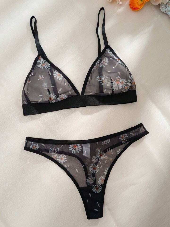 Minimalist Black Sheer Floral Lingerie Set - Daisy Print Mesh 2-Piece