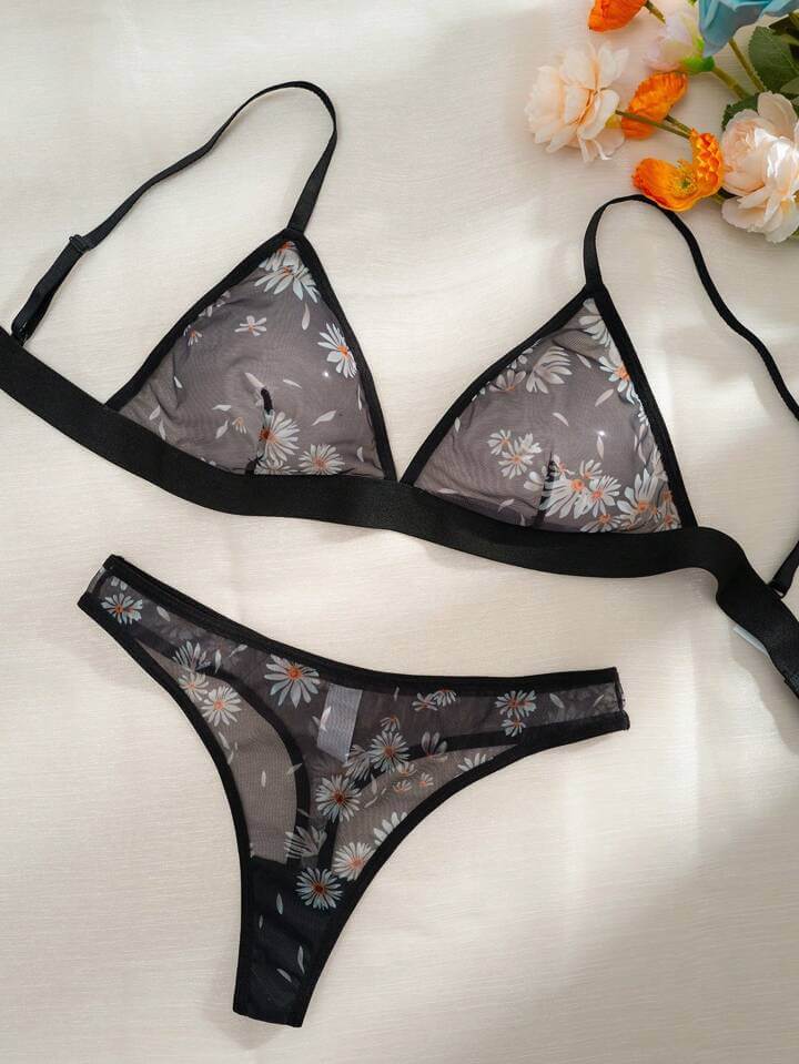Minimalist Black Sheer Floral Lingerie Set - Daisy Print Mesh 2-Piece - Image 2
