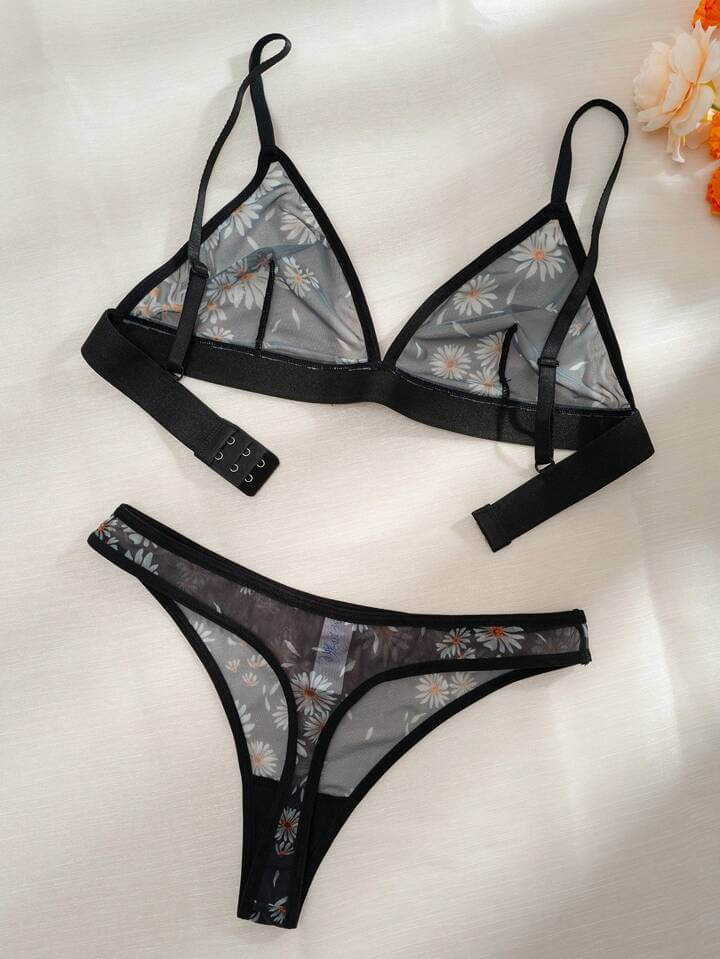 Minimalist Black Sheer Floral Lingerie Set - Daisy Print Mesh 2-Piece - Image 3