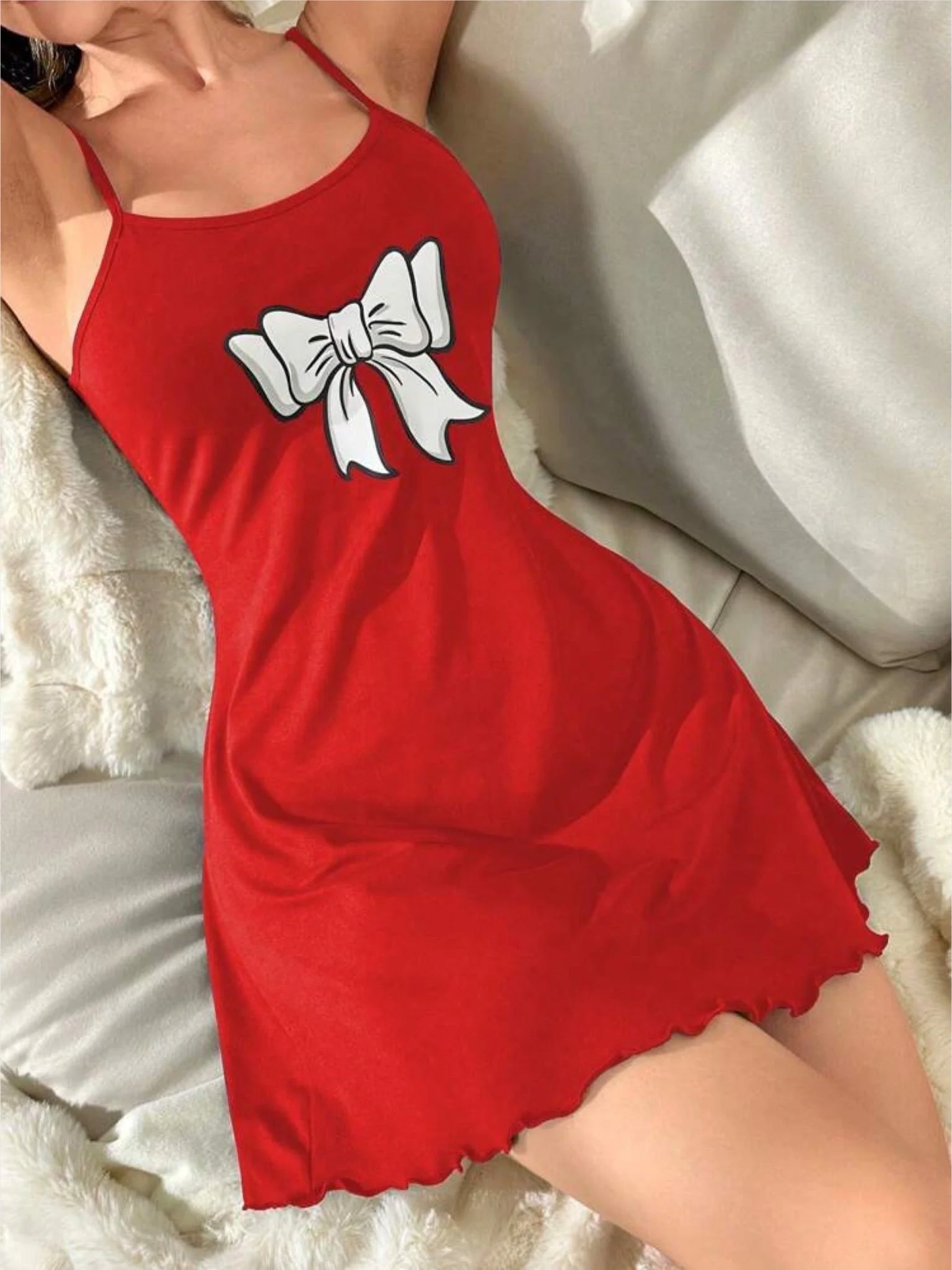 Nighty for girls in bd Spaghetti Straps Bow Ribbon Printed