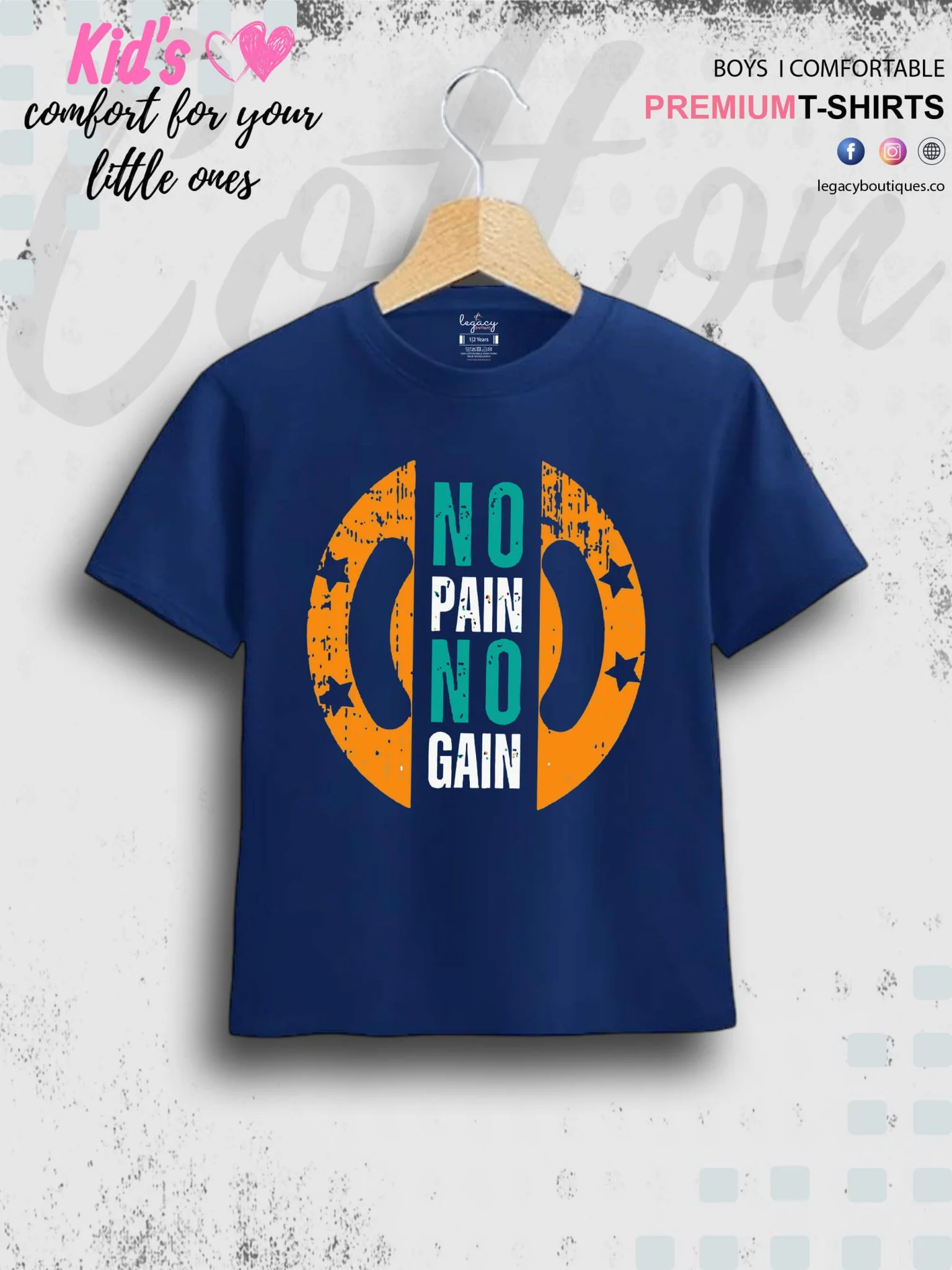 No Pain No Gain Printed Casual 1 To 11 Years Kids Boy Islamic T-Shirt In Lowest Price Only In Dhaka