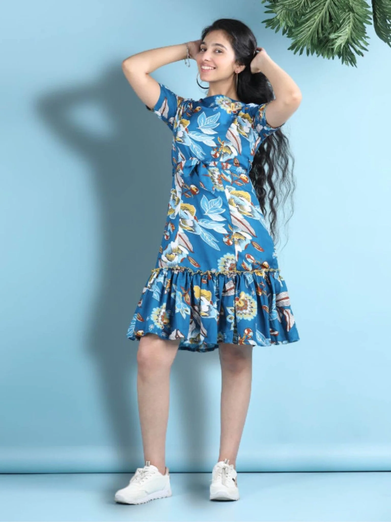 Ocean Flora Girls Teal Skater Dress - Short Sleeve Floral Print with Sash