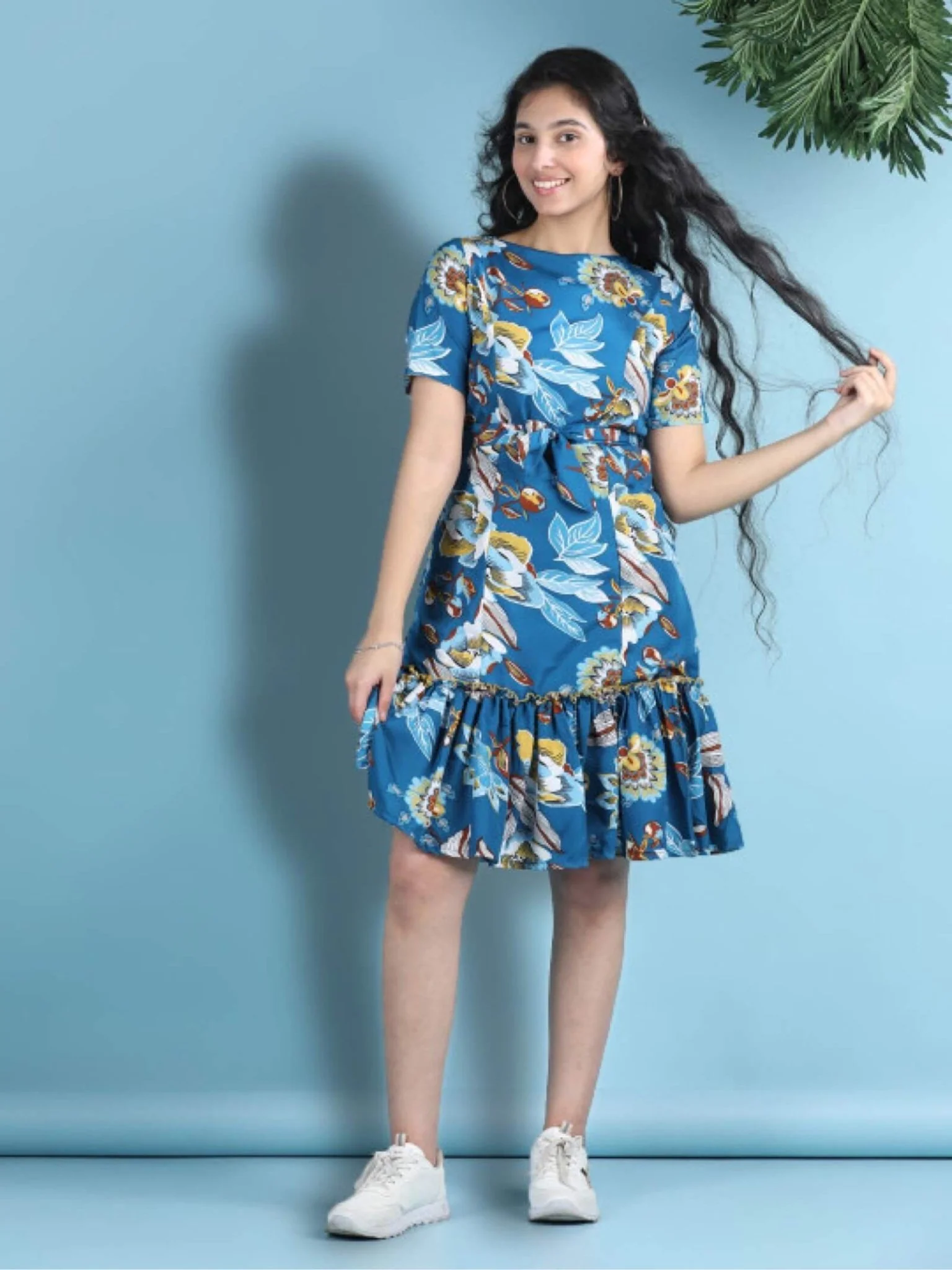 Ocean Flora Girls Teal Skater Dress - Short Sleeve Floral Print with Sash - Image 2