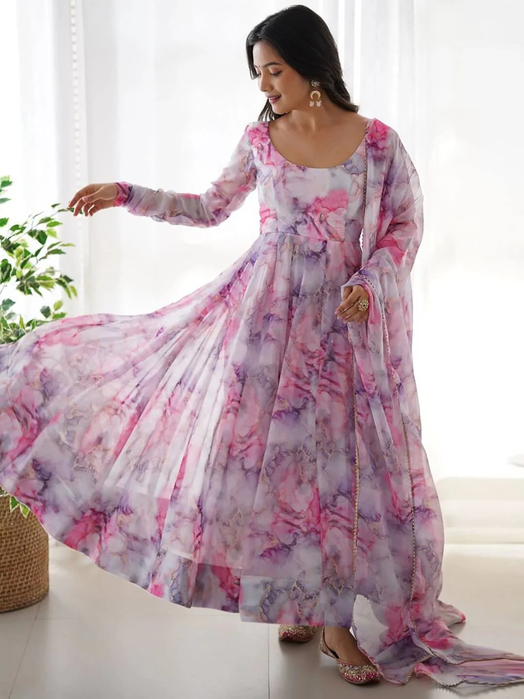 Orchid Swirl Pink Anarkali Set | Watercolor Marble Print Ethnic Gown - Image 3