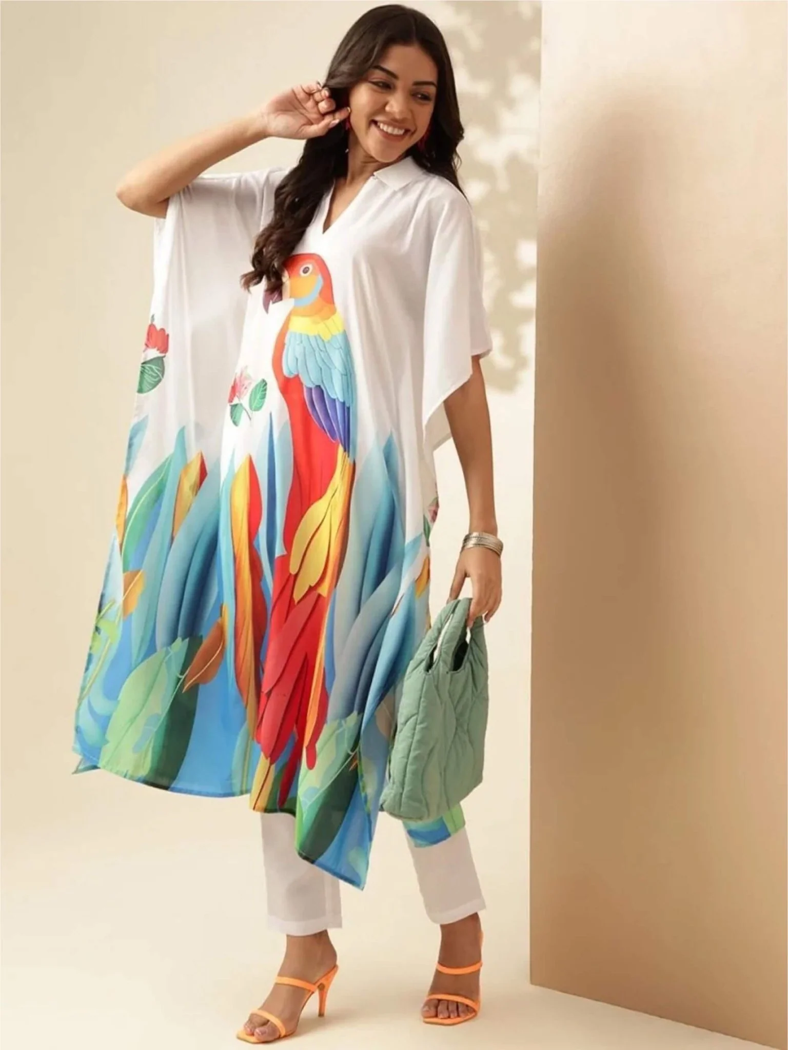 Painted Paradise: Artistic Macaw Print Kaftan Tunic - Image 4