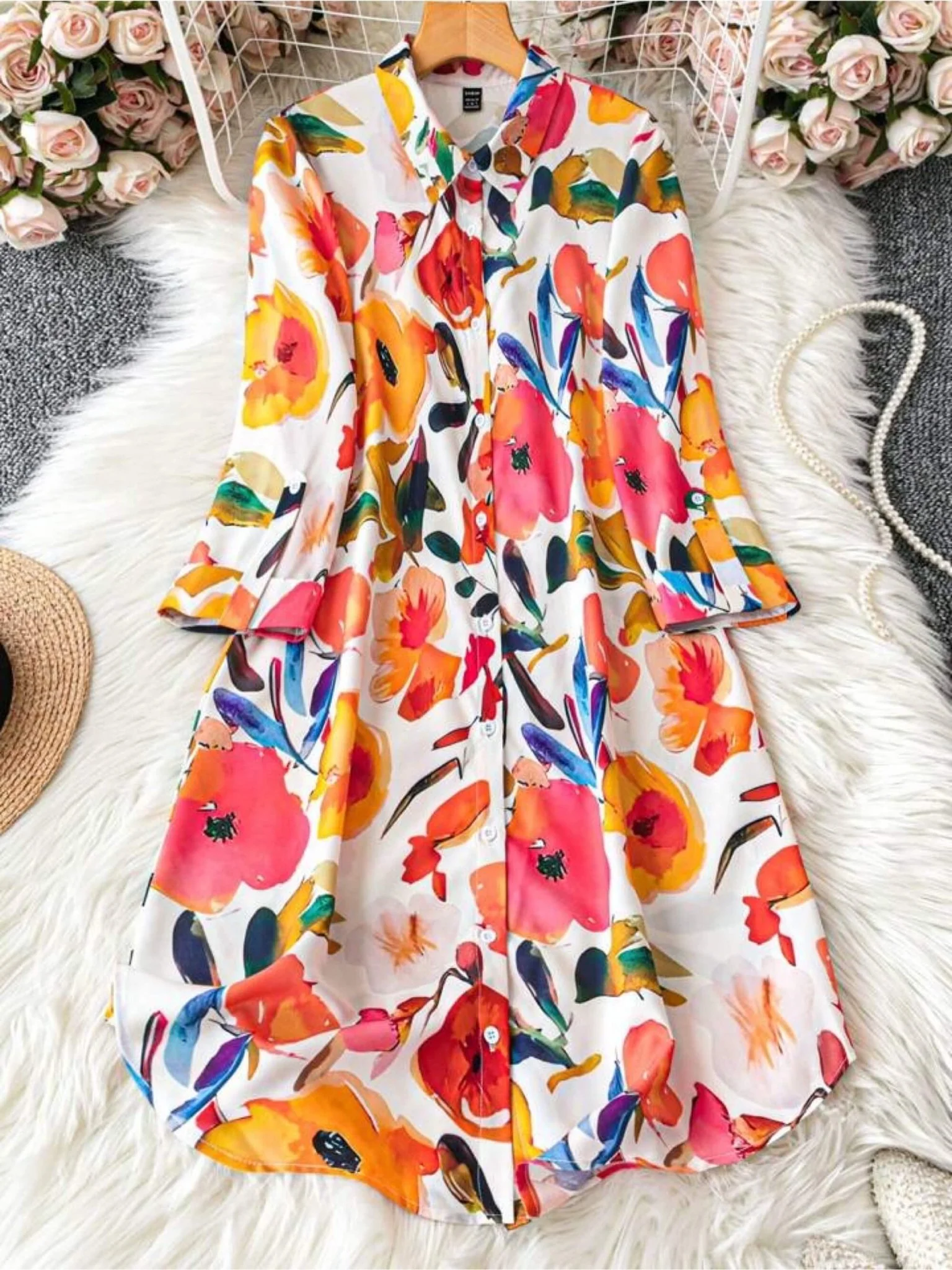 Painterly Petal Artistic Floral Shirt Dress - Bold Multi-Color Graphic Print