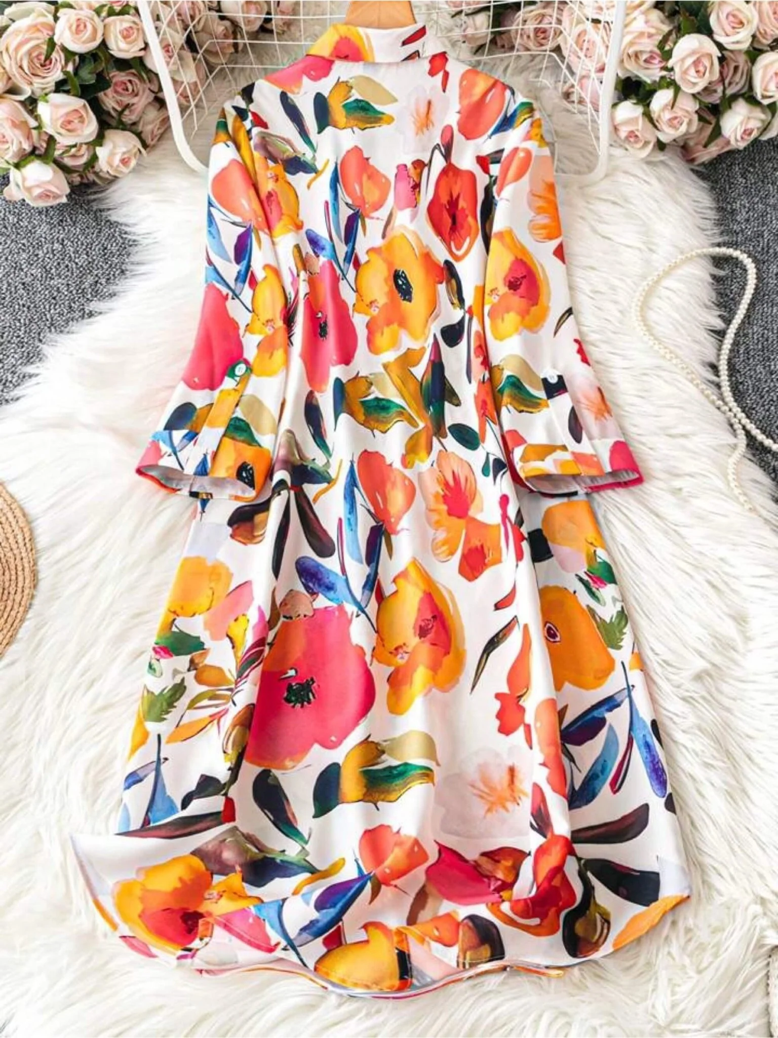 Painterly Petal Artistic Floral Shirt Dress - Bold Multi-Color Graphic Print - Image 2
