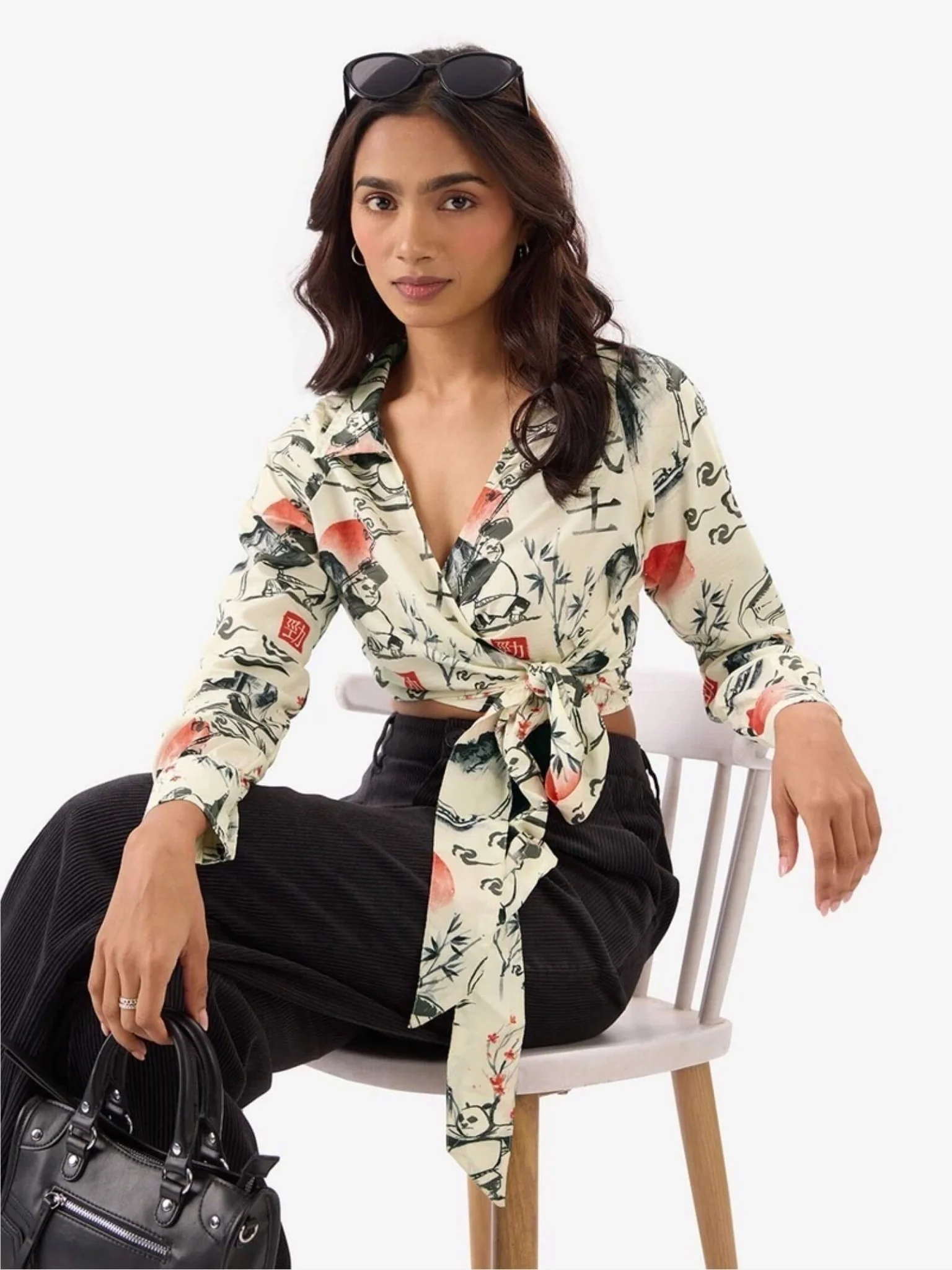 Panda Warrior Ink-Wash Wrap Top | Cropped Kung Fu Printed Tie-Front Shirt