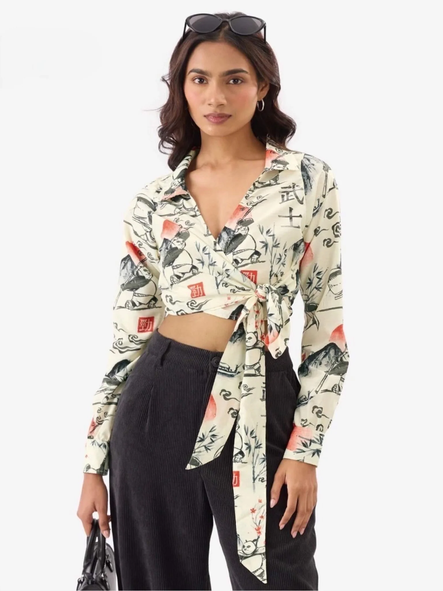 Panda Warrior Ink-Wash Wrap Top | Cropped Kung Fu Printed Tie-Front Shirt - Image 3