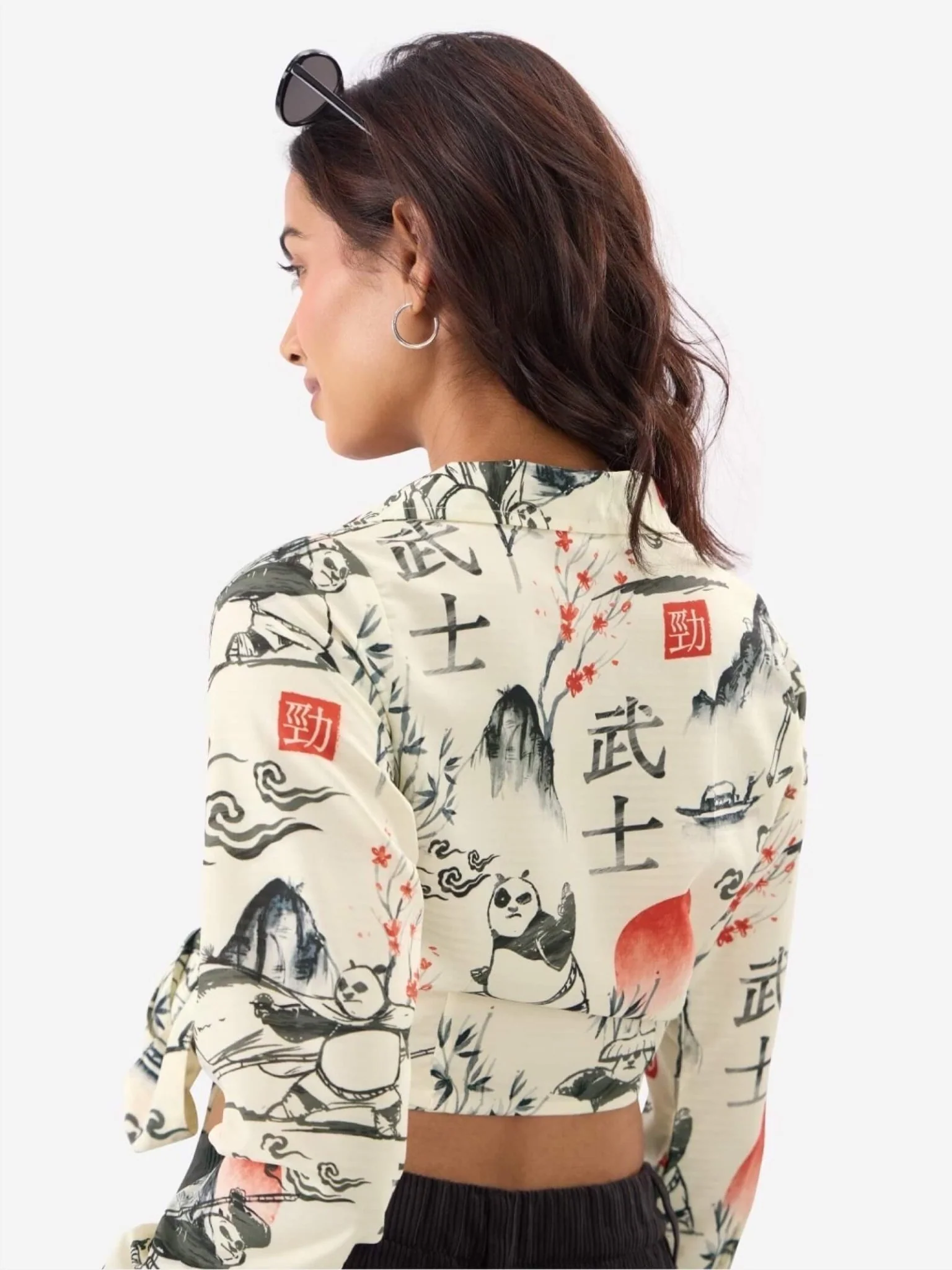 Panda Warrior Ink-Wash Wrap Top | Cropped Kung Fu Printed Tie-Front Shirt - Image 5