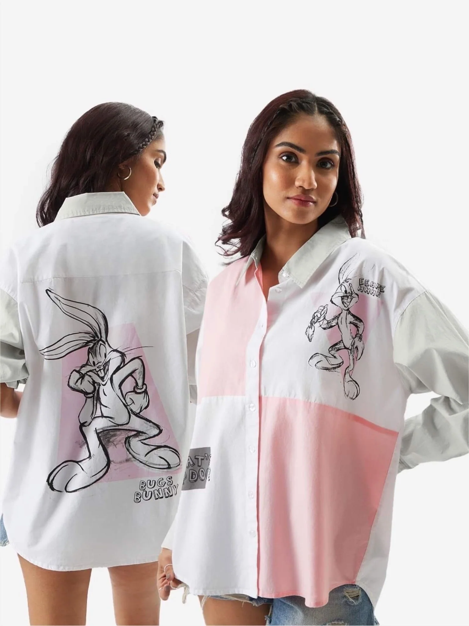 Pastel Bugs Bunny Oversized Button-Down - Pink & Green Panel Graphic Shirt