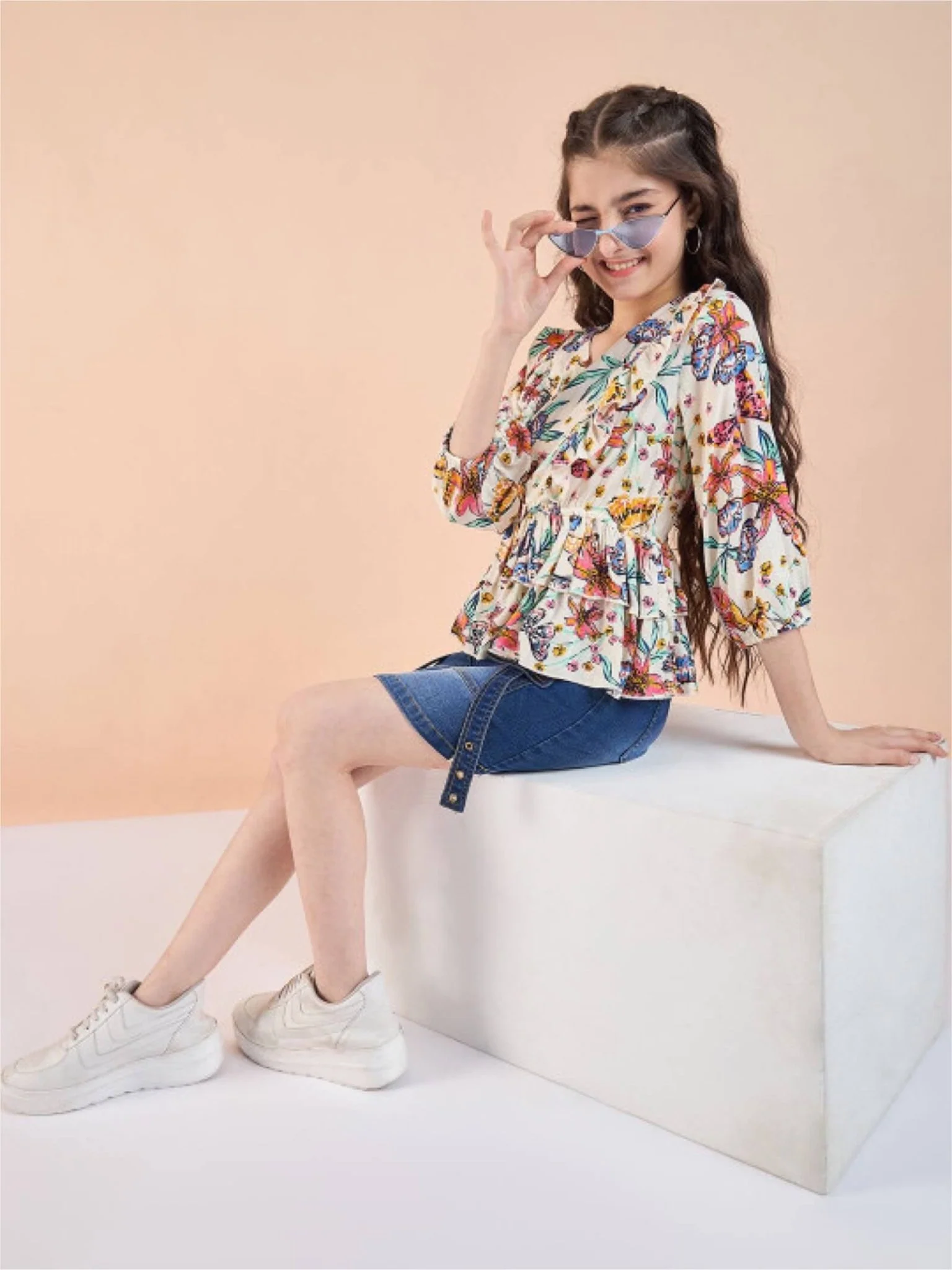 Pastel Petal Girls Cream Floral V-Neck Ruffle Peplum Top