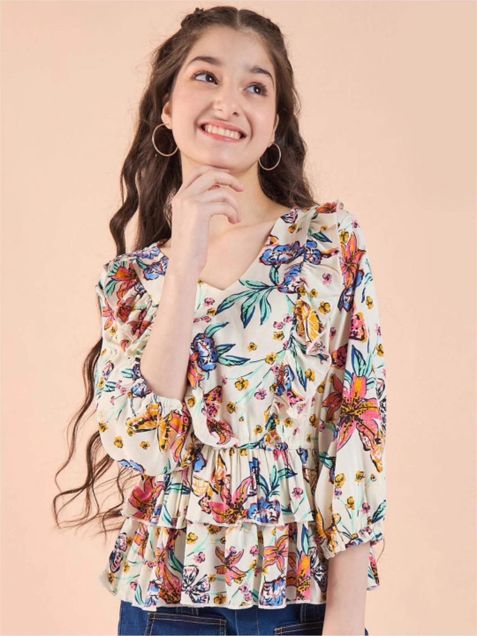 Pastel Petal Girls Cream Floral V-Neck Ruffle Peplum Top - Image 2