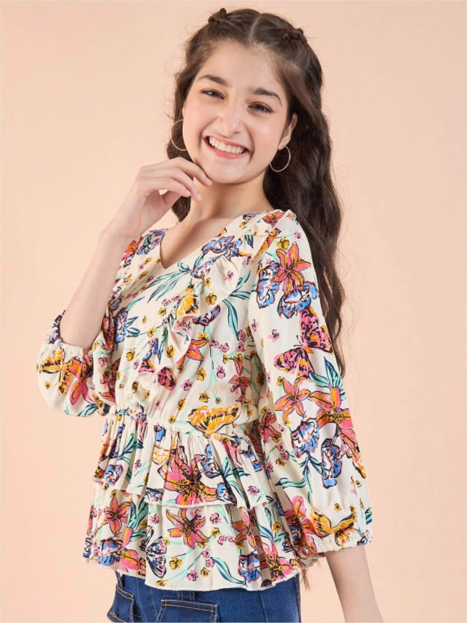 Pastel Petal Girls Cream Floral V-Neck Ruffle Peplum Top - Image 3