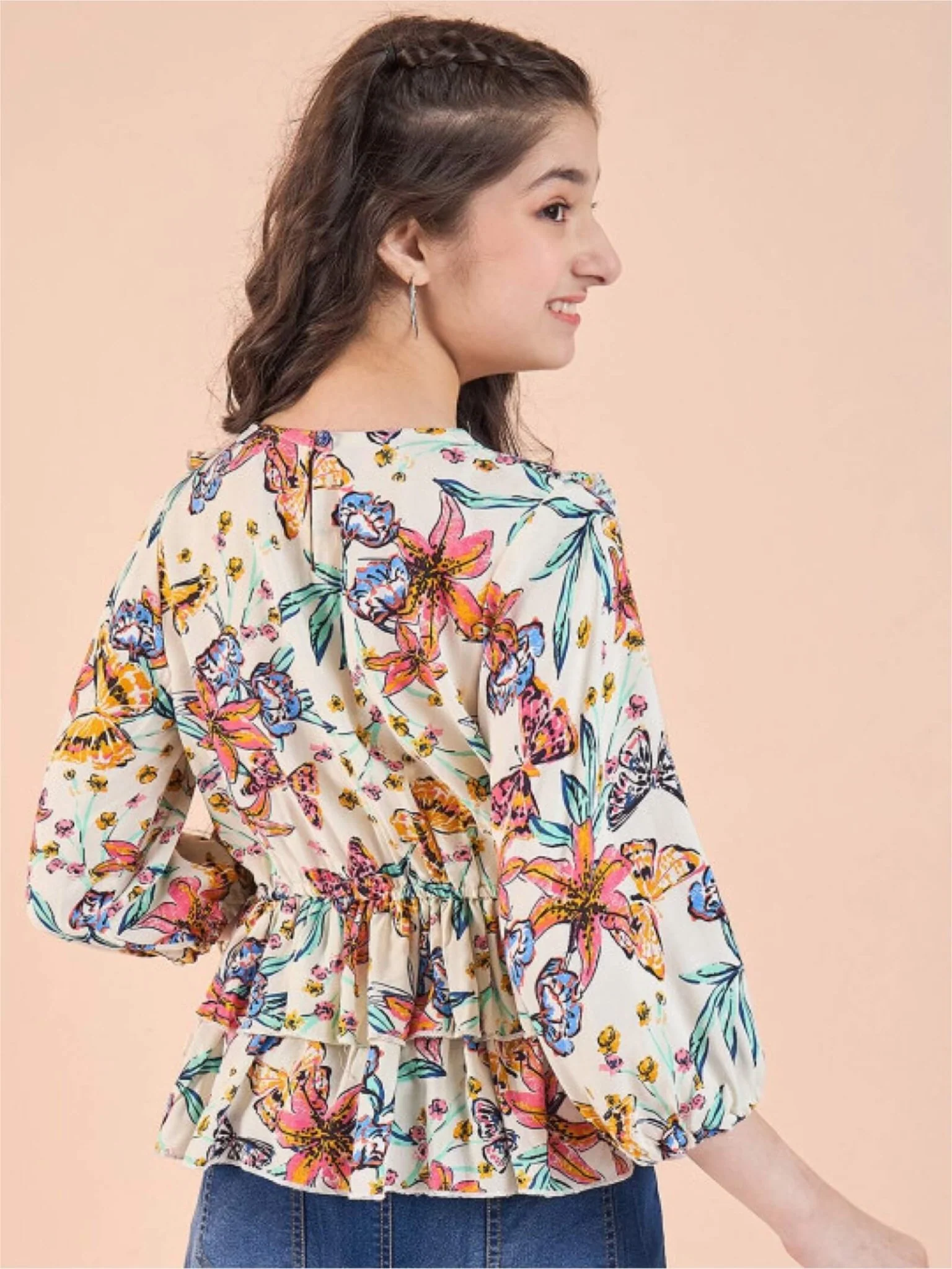Pastel Petal Girls Cream Floral V-Neck Ruffle Peplum Top - Image 5