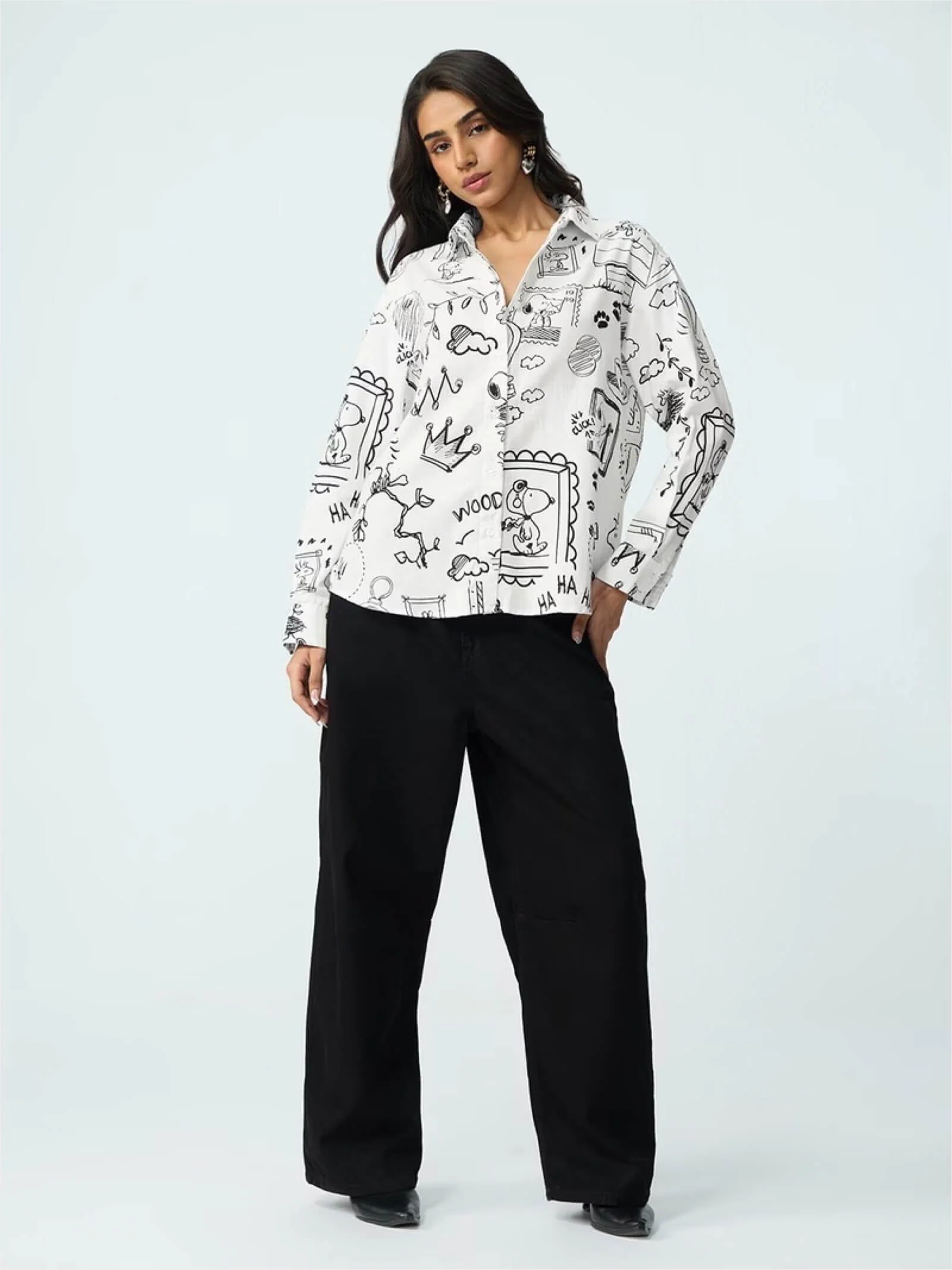 Peanuts Sketch Art Button-Down - Snoopy & Woodstock Illustrated White Shirt