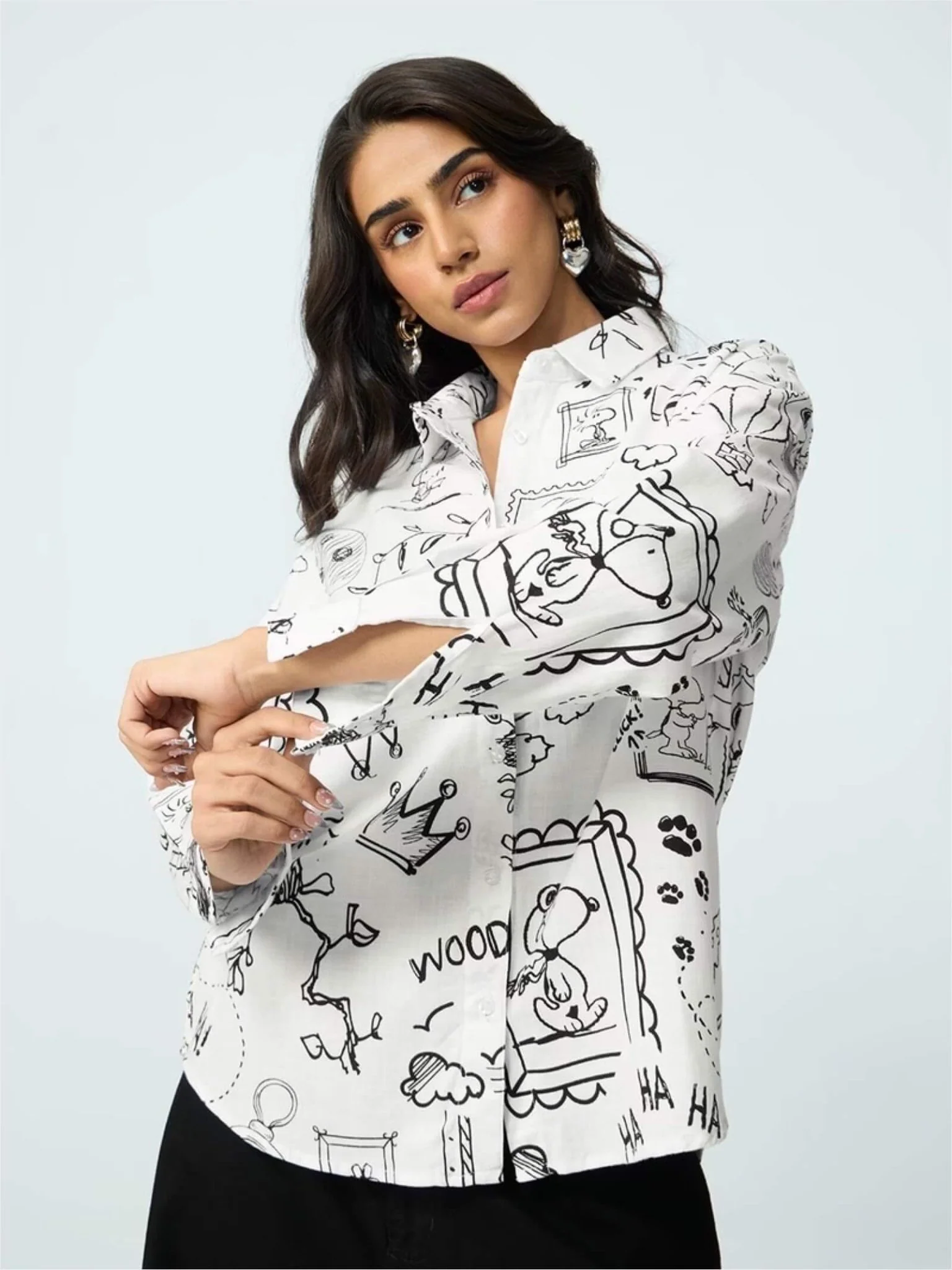 Peanuts Sketch Art Button-Down - Snoopy & Woodstock Illustrated White Shirt - Image 2
