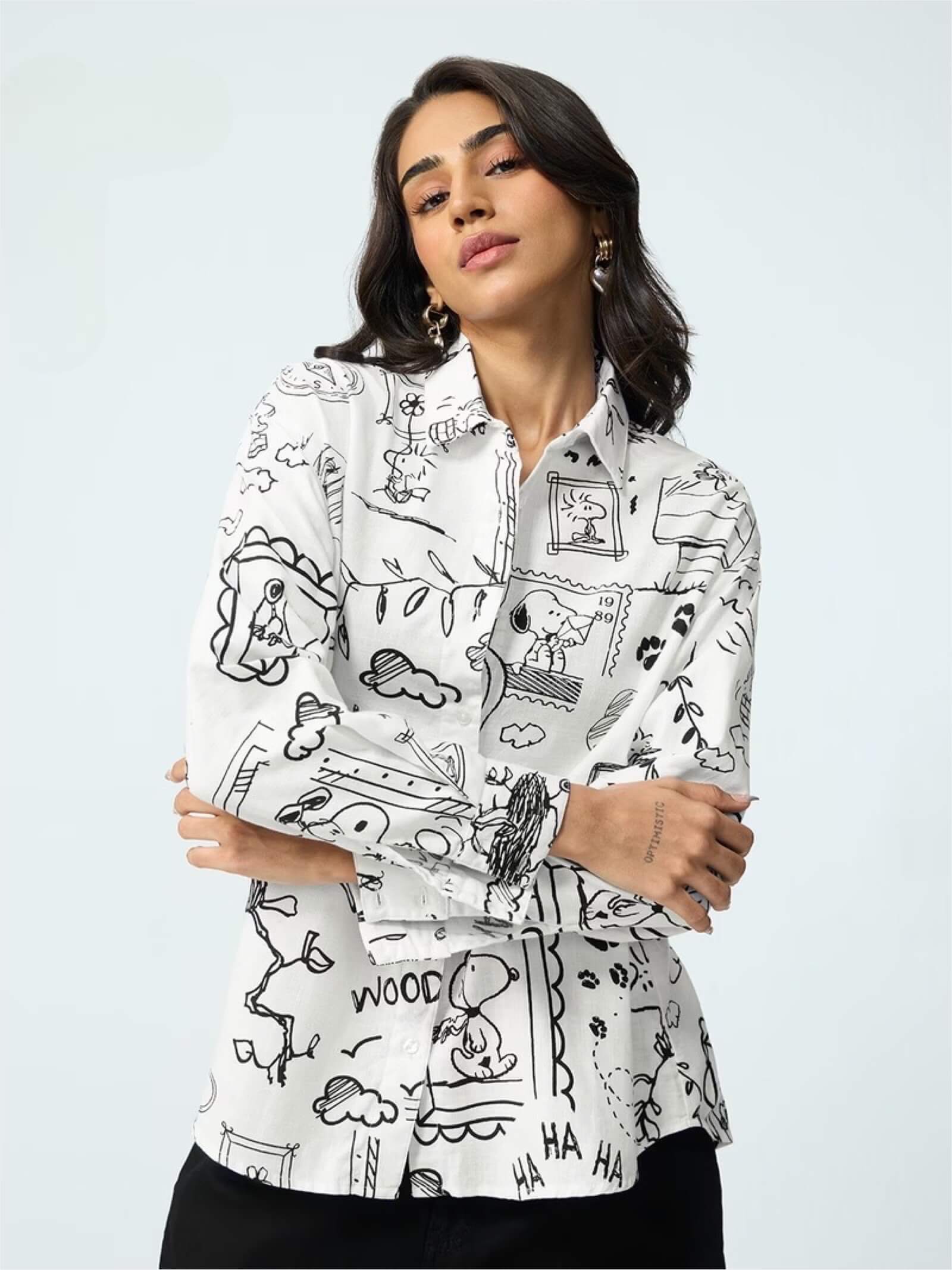 Peanuts Sketch Art Button-Down - Snoopy & Woodstock Illustrated White Shirt - Image 3
