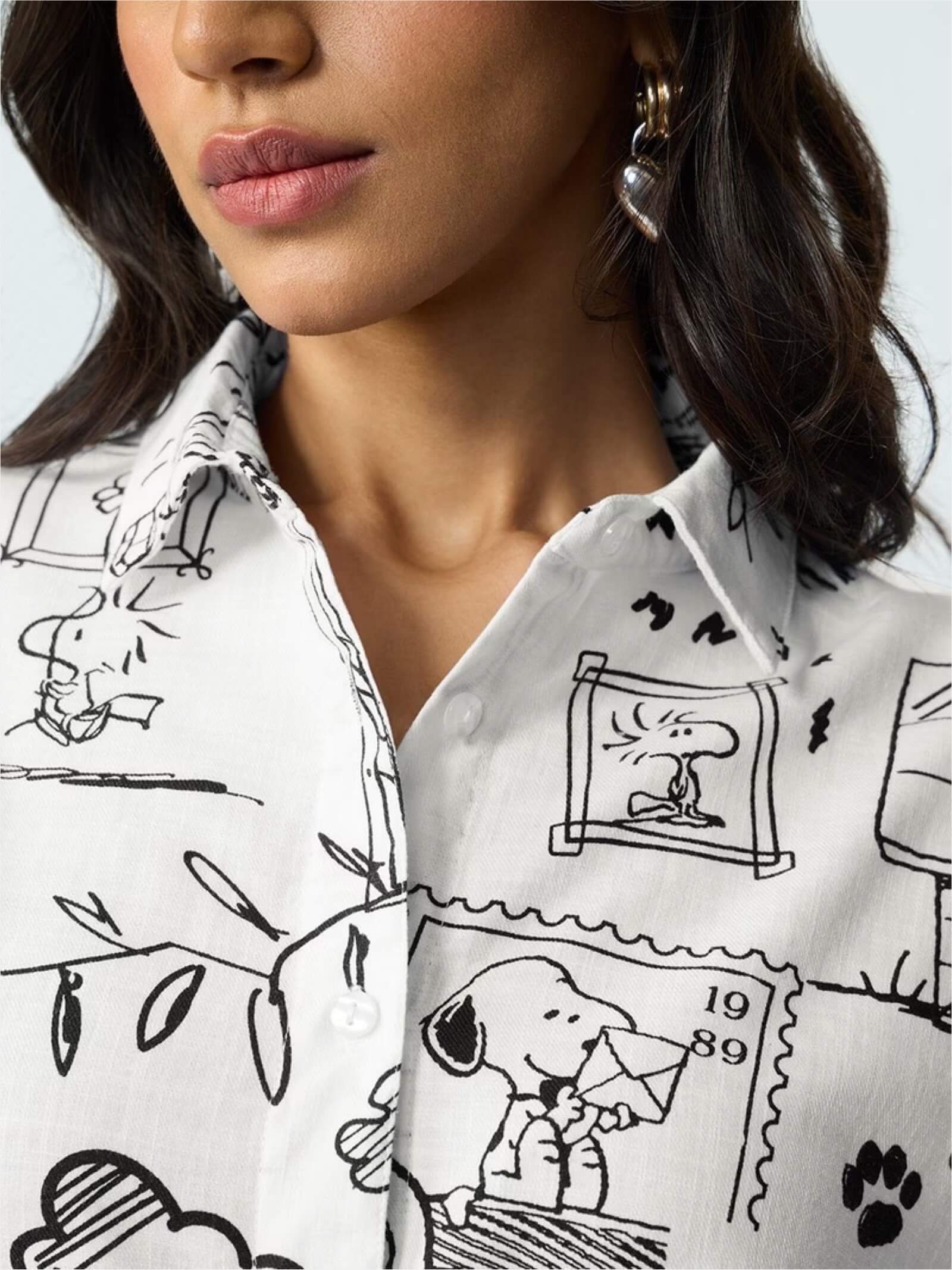 Peanuts Sketch Art Button-Down - Snoopy & Woodstock Illustrated White Shirt - Image 4