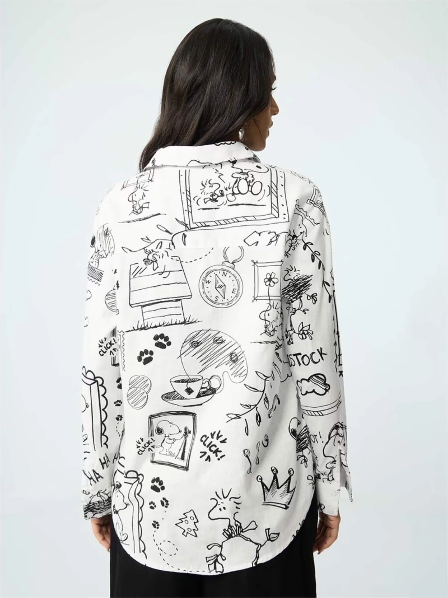 Peanuts Sketch Art Button-Down - Snoopy & Woodstock Illustrated White Shirt - Image 5