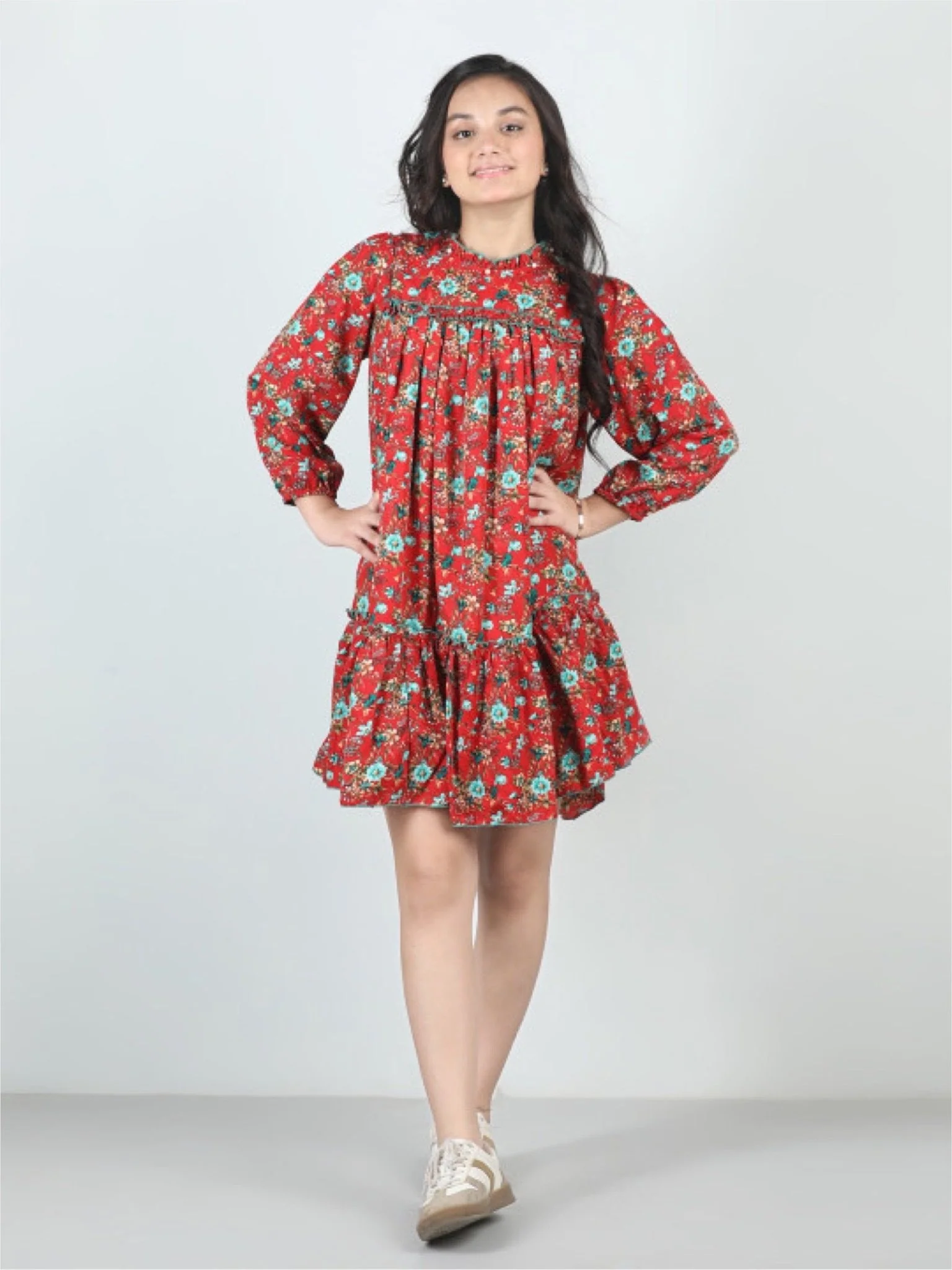 Petal Path Long Sleeve High-Low Dress - White Wildflower Design - Image 2